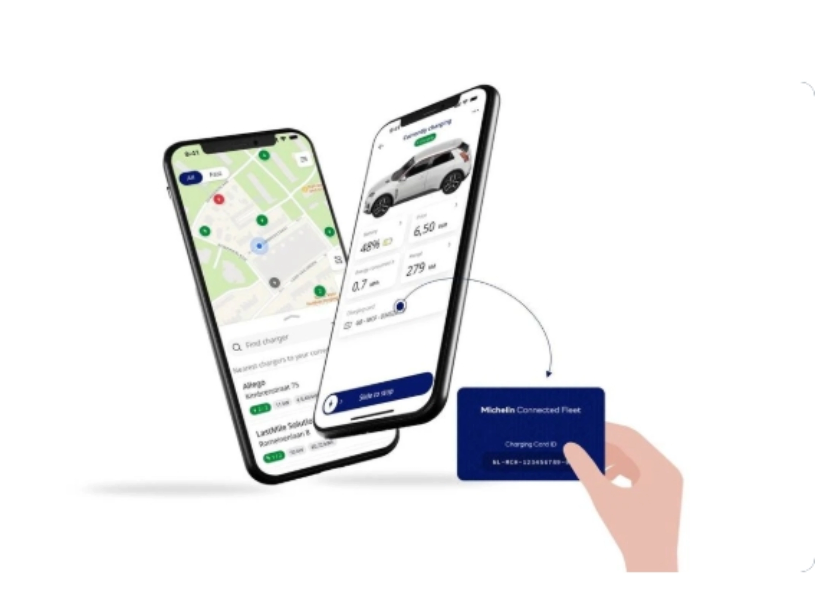 Two smartphones showing a map and vehicle details, with a hand holding a blue card.
