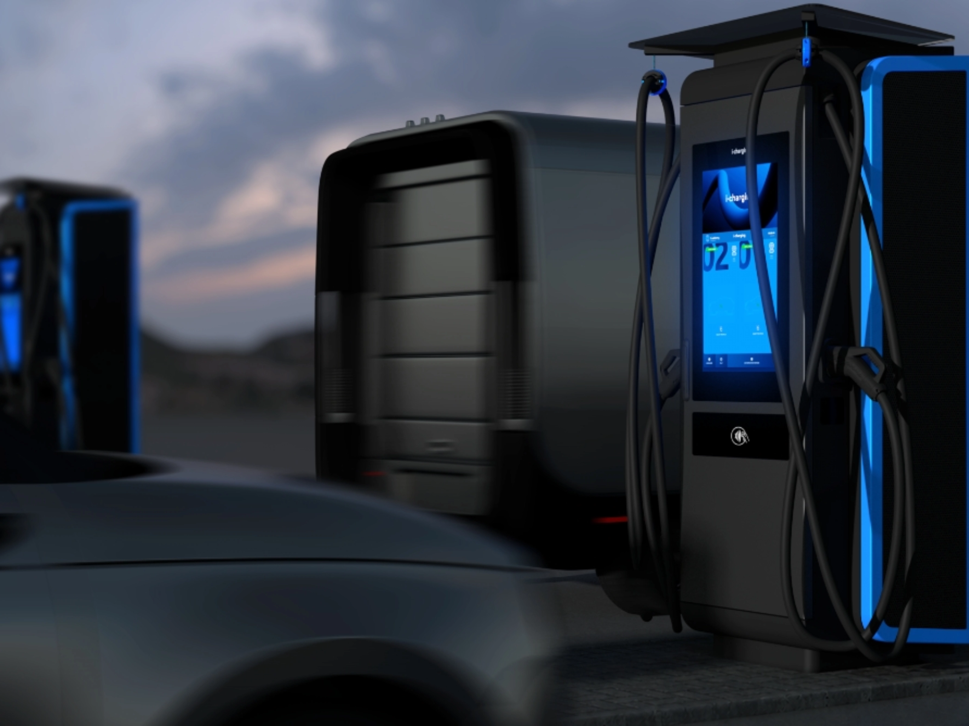 Electric vehicle charging station by roadside with passing vehicles.