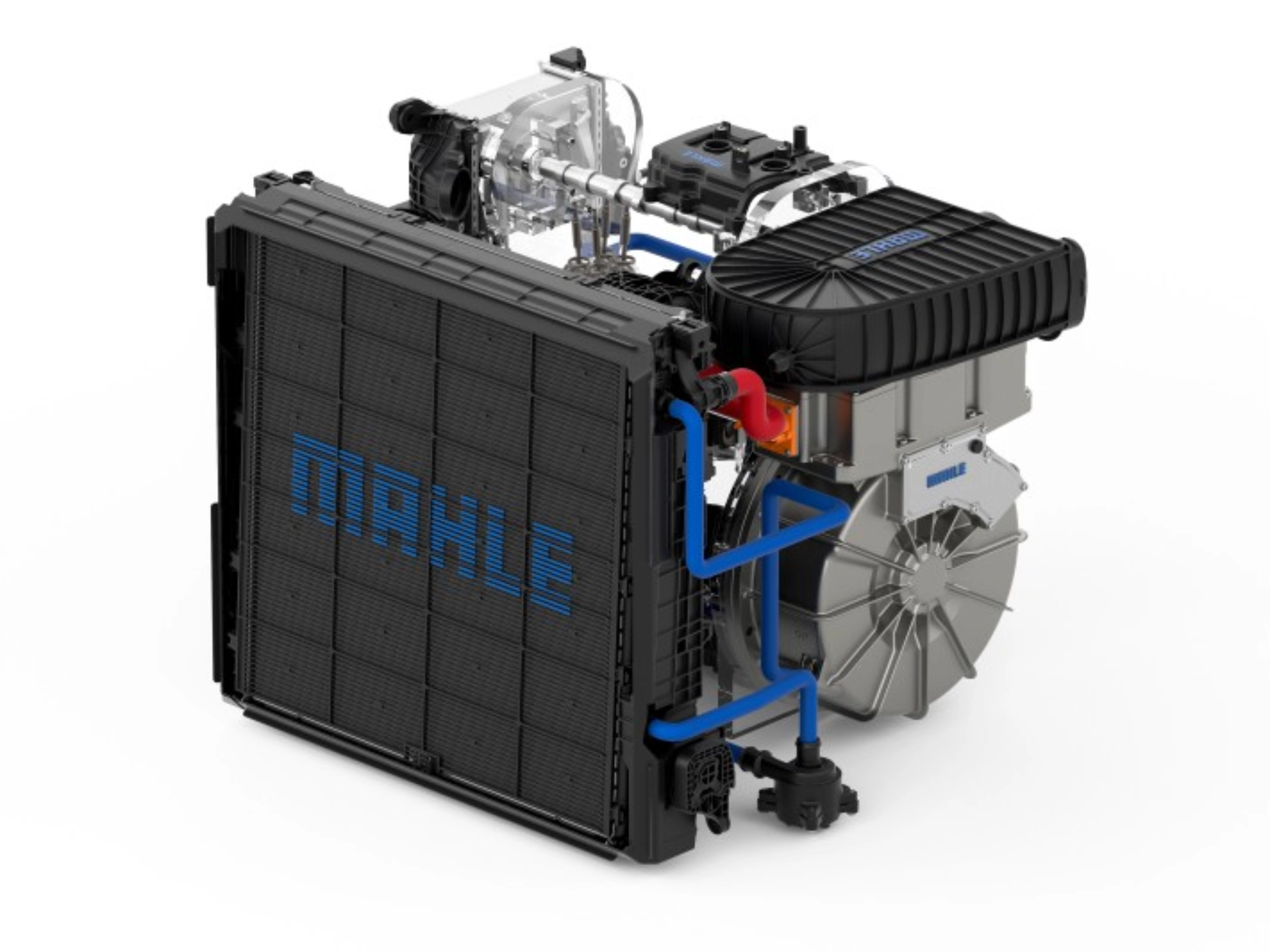 MAHLE electric drive unit with cooling module shown on a white background.