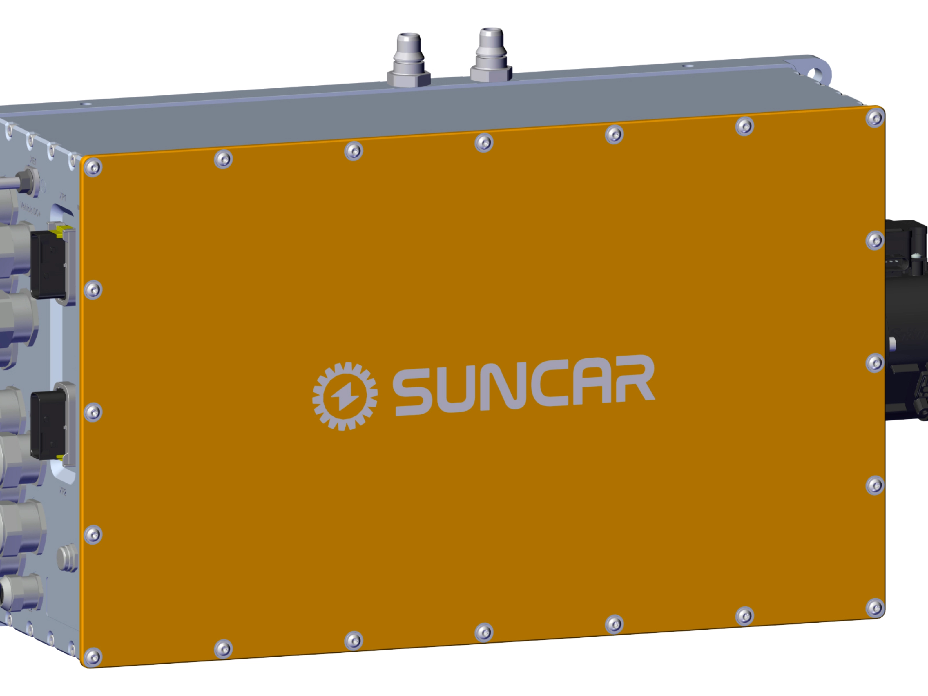 Ein SUNCAR-Steuergerät mit orangefarbener Abdeckung vor weißem Hintergrund.