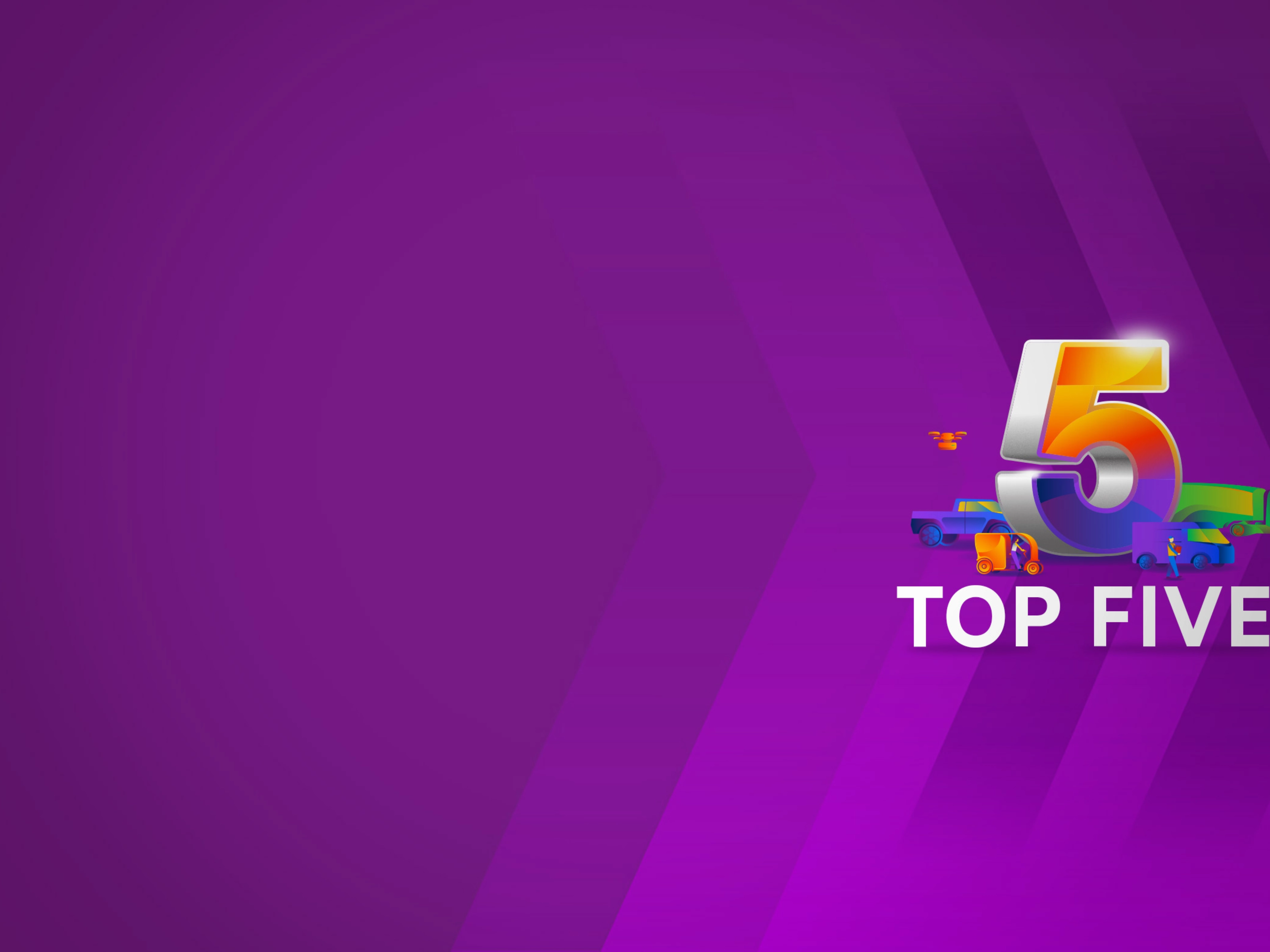 Colorful number 5 with vehicles and the text “TOP FIVE” on a purple background.