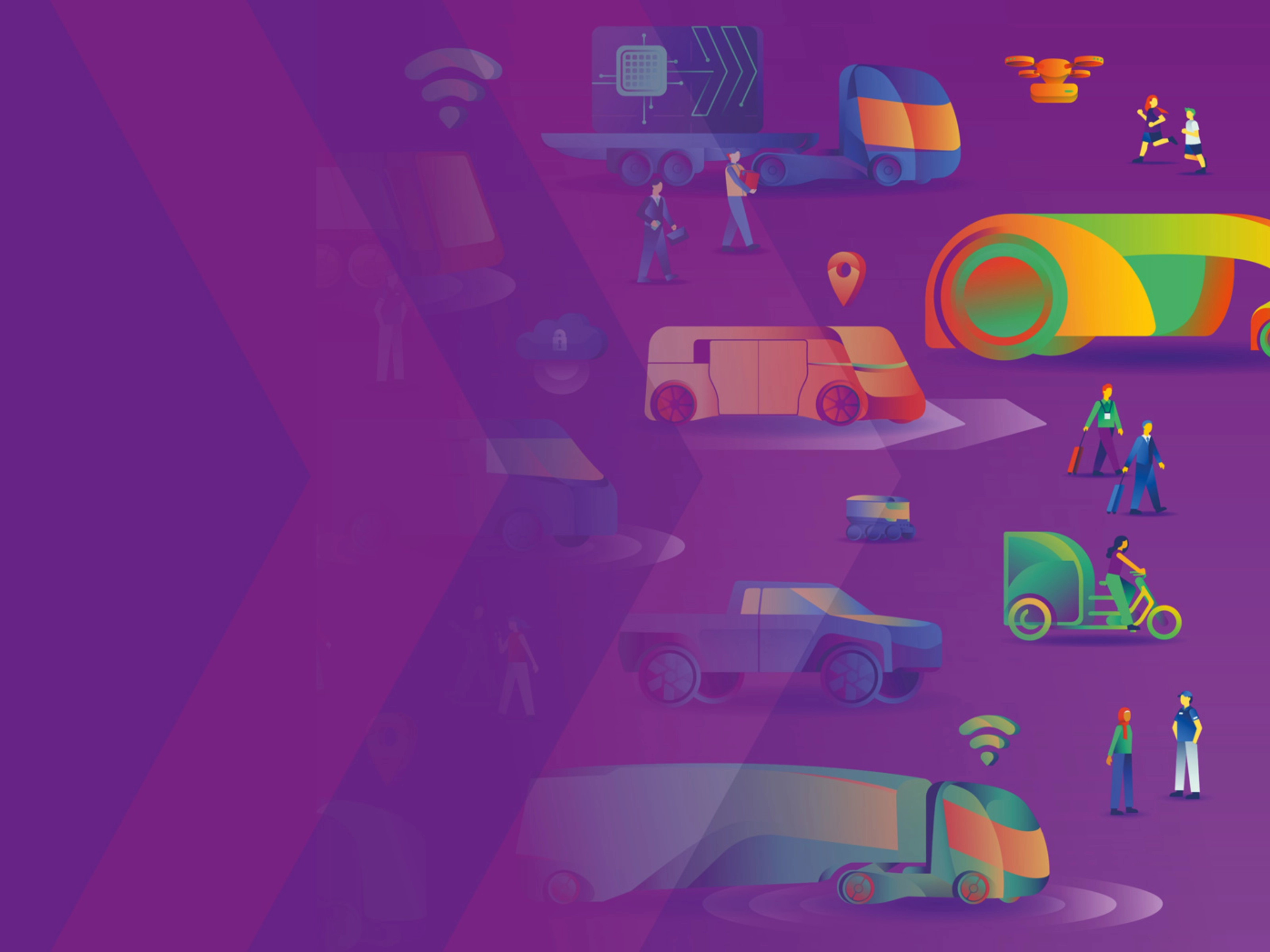 Illustration of futuristic and eco-friendly transport with electric vehicles and wind turbines.