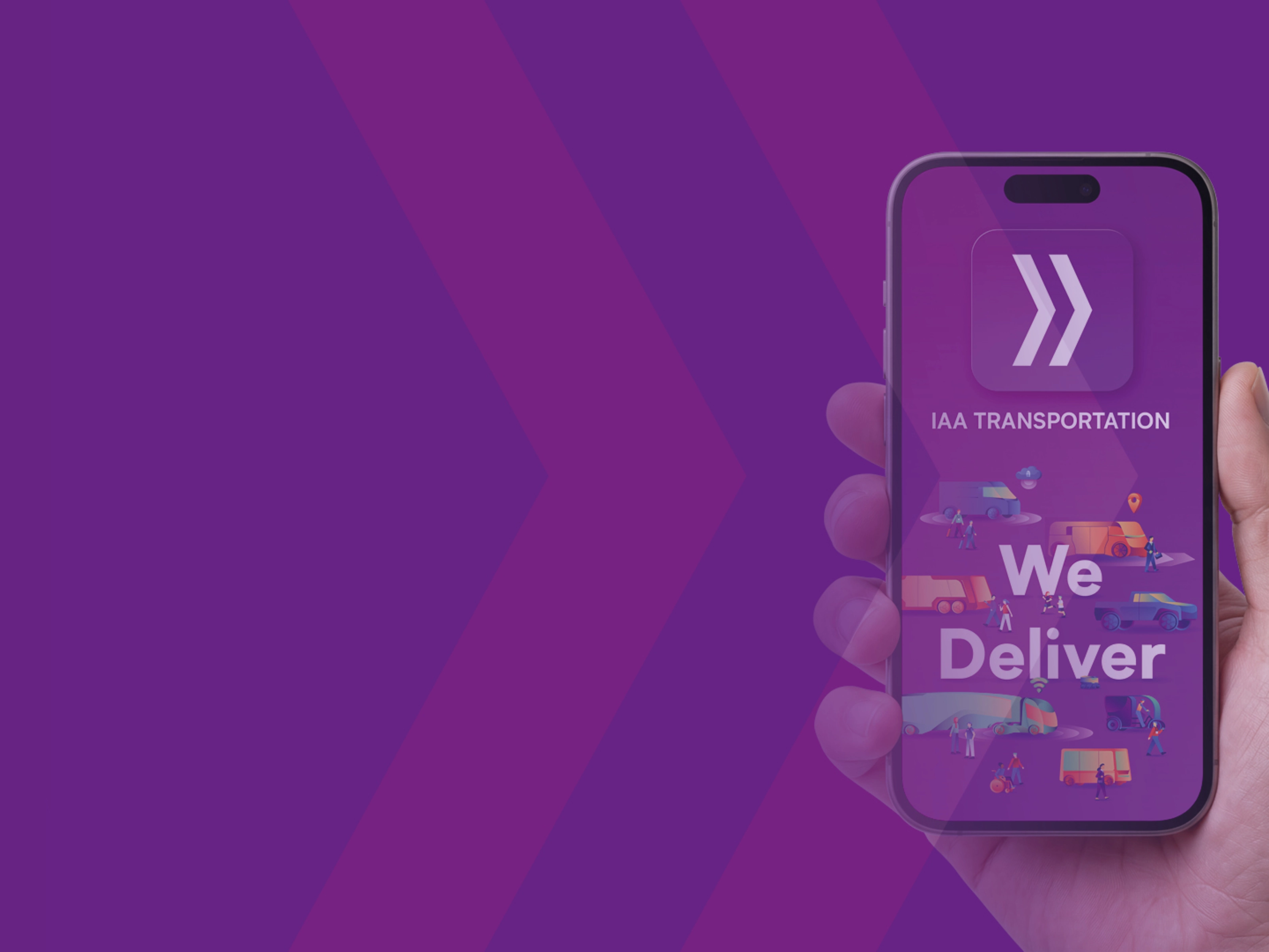 Eine Person hält ein Smartphone mit einer bunten App-Oberfläche und dem Text IAA.