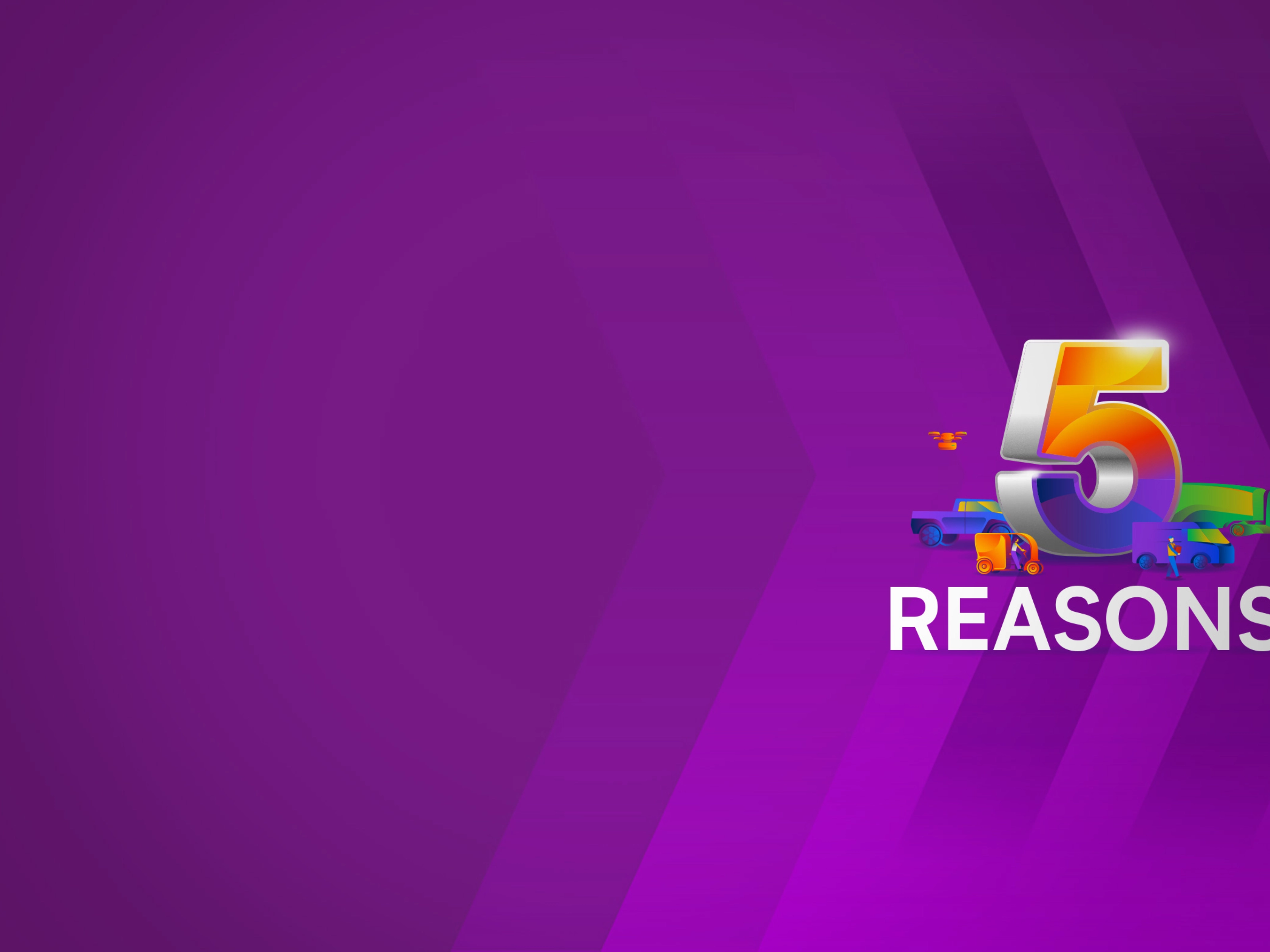 Große Zahl 5 mit Fahrzeugen und dem Wort Reasons auf lila Hintergrund