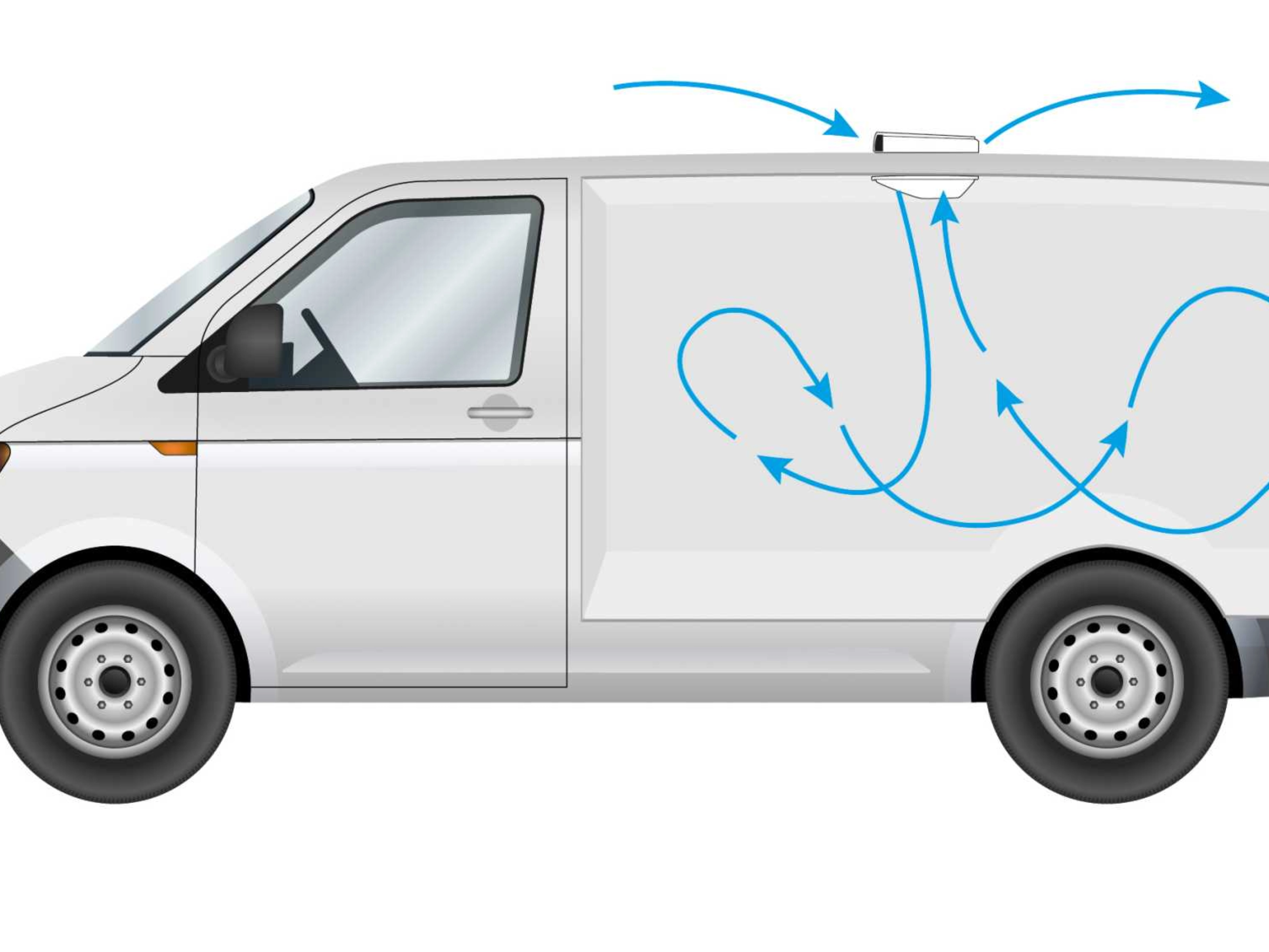 Side view of the front section of a white delivery van.