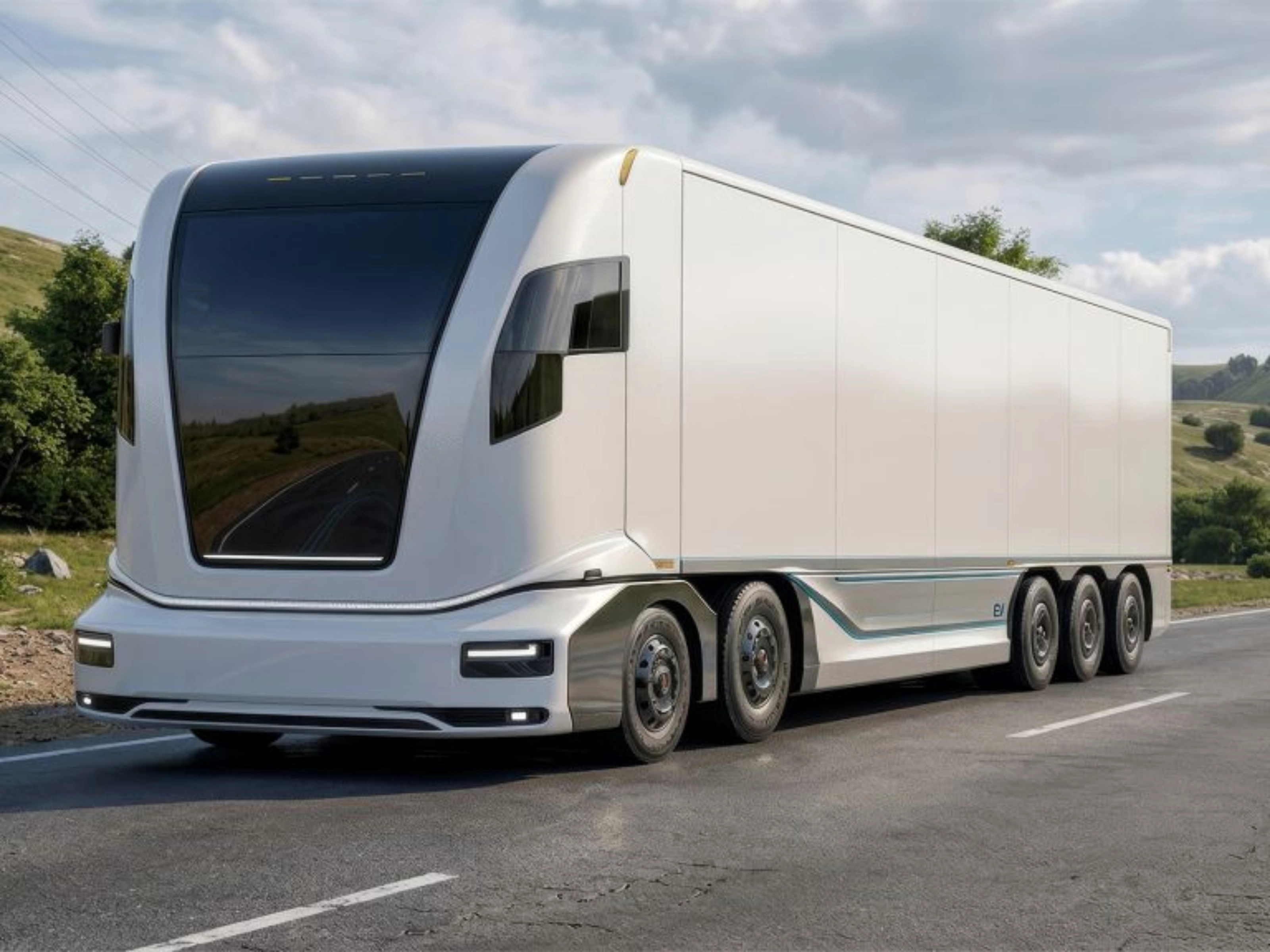 Futuristic electric semi-truck driving on a rural road.