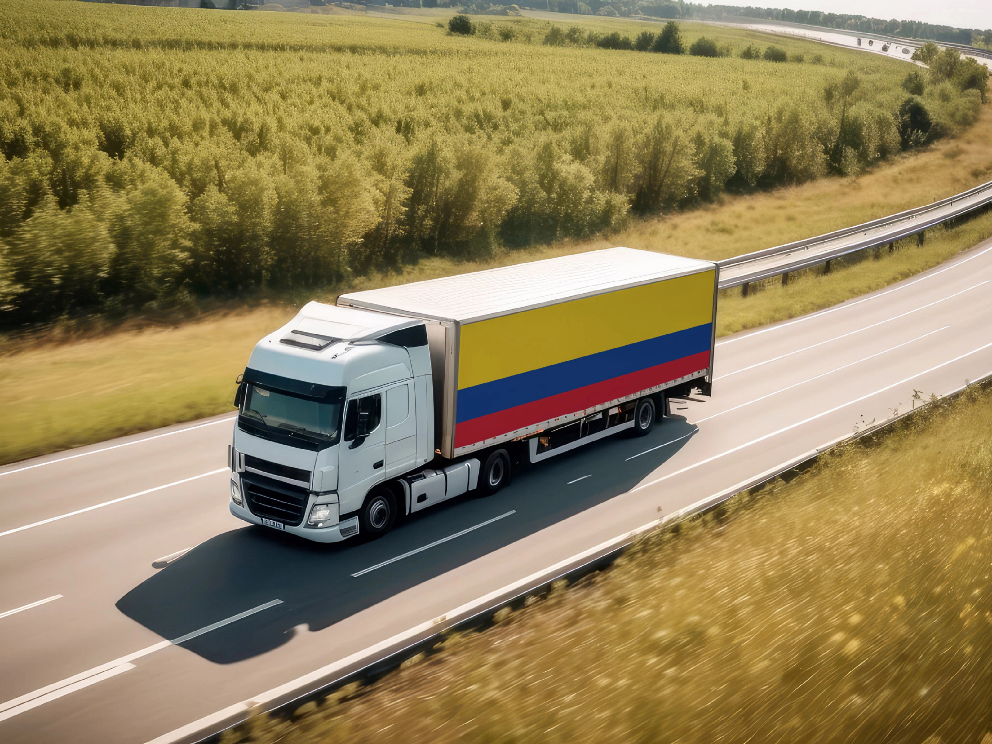 Lastwagen fährt auf einer Autobahn durch eine ländliche Landschaft.