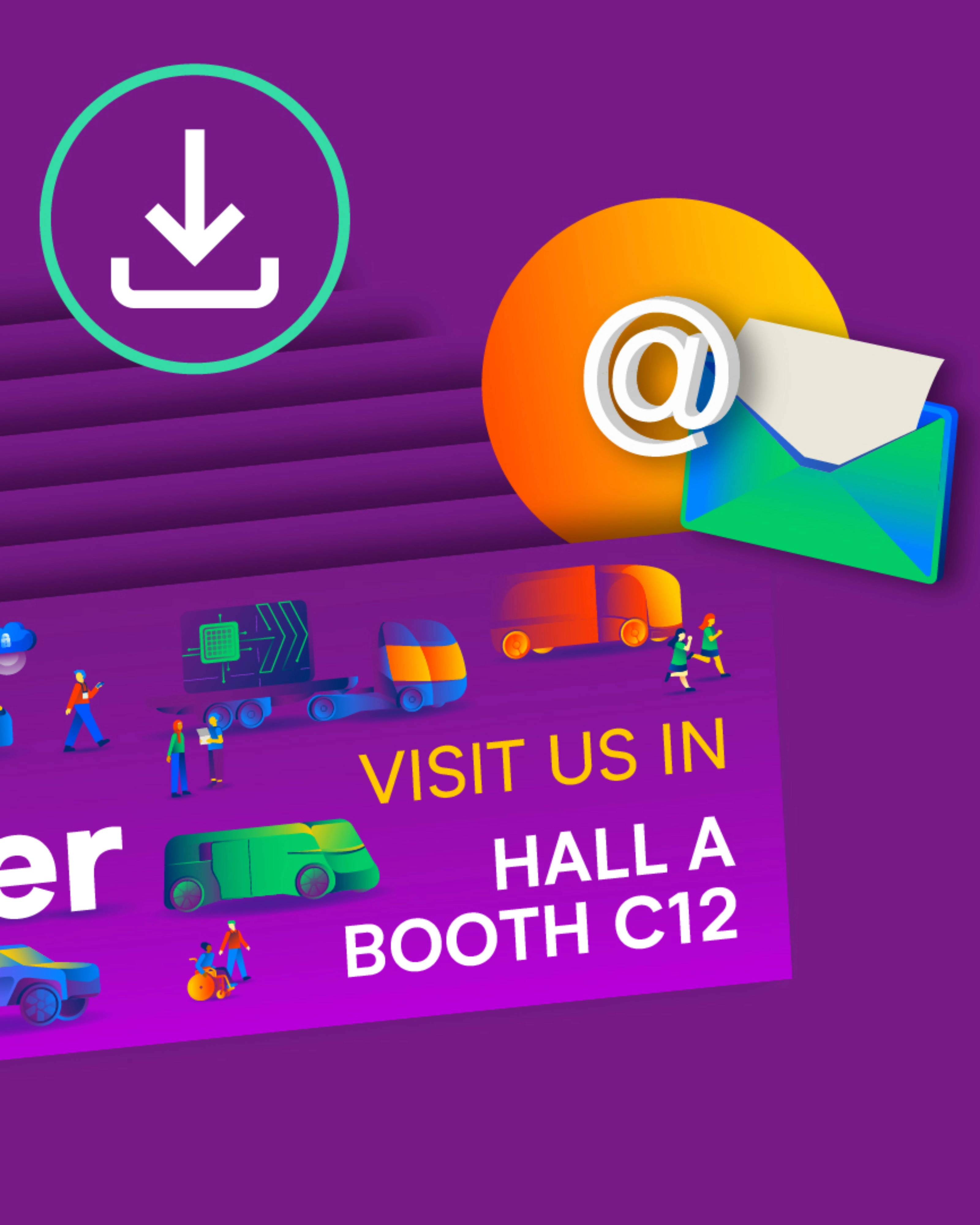 Trade fair banner with delivery vehicles and invitation to visit Hall A, Booth C12.