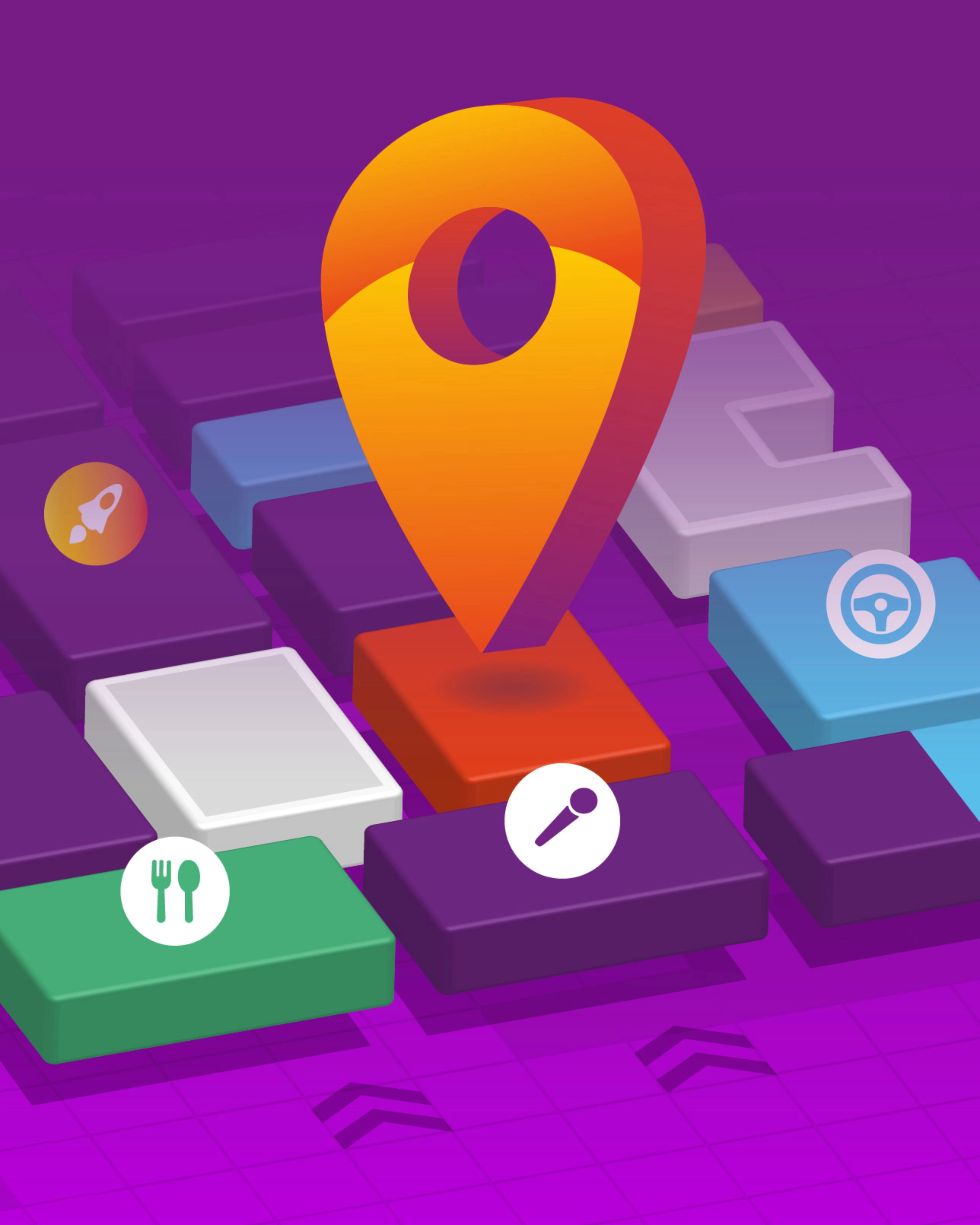Standort-Pin auf stilisierter Karte mit Symbolen für Essen, Events und Mobilität.