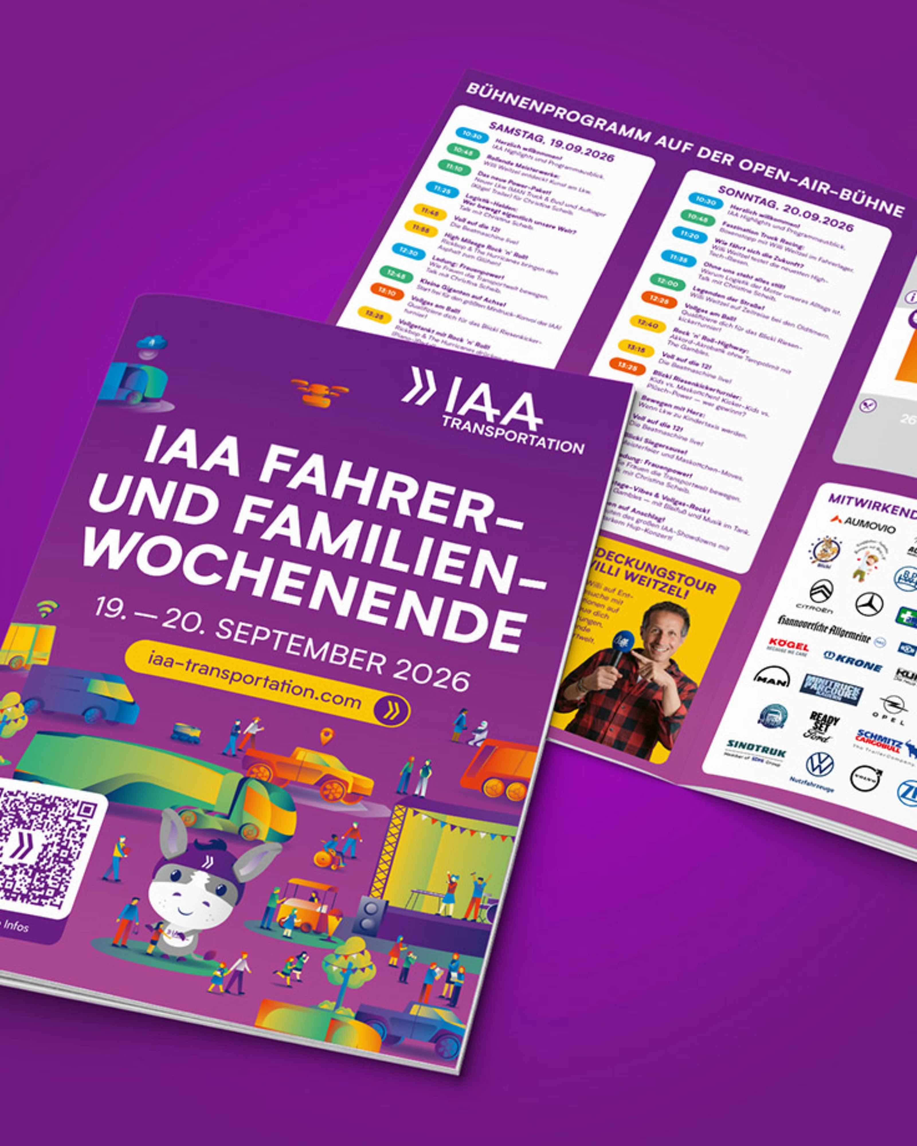 Flyer zum IAA Transportation Familienwochenende mit Terminen, Programm und Aktionen.