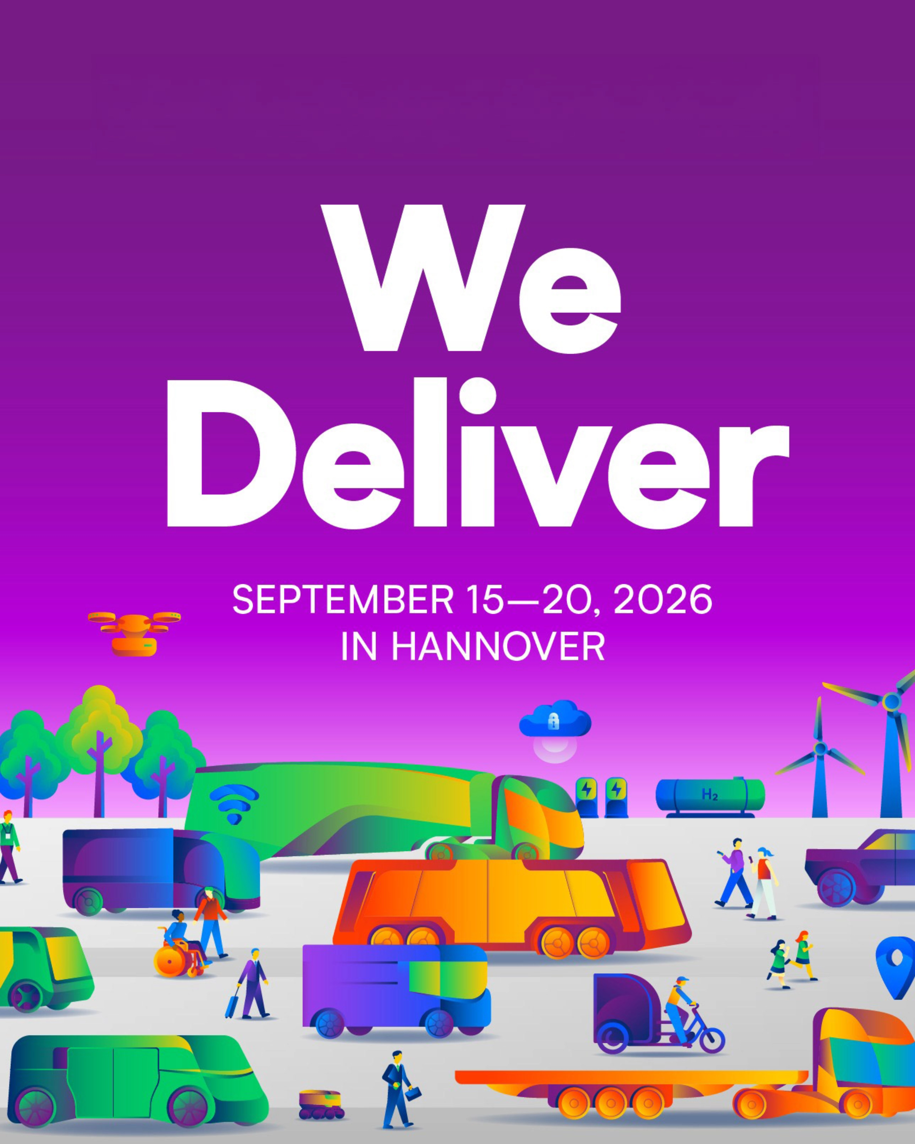 IAA TRANSPORTATION 2026 in Hannover mit Slogan We Deliver und Verkehrssymbolen.