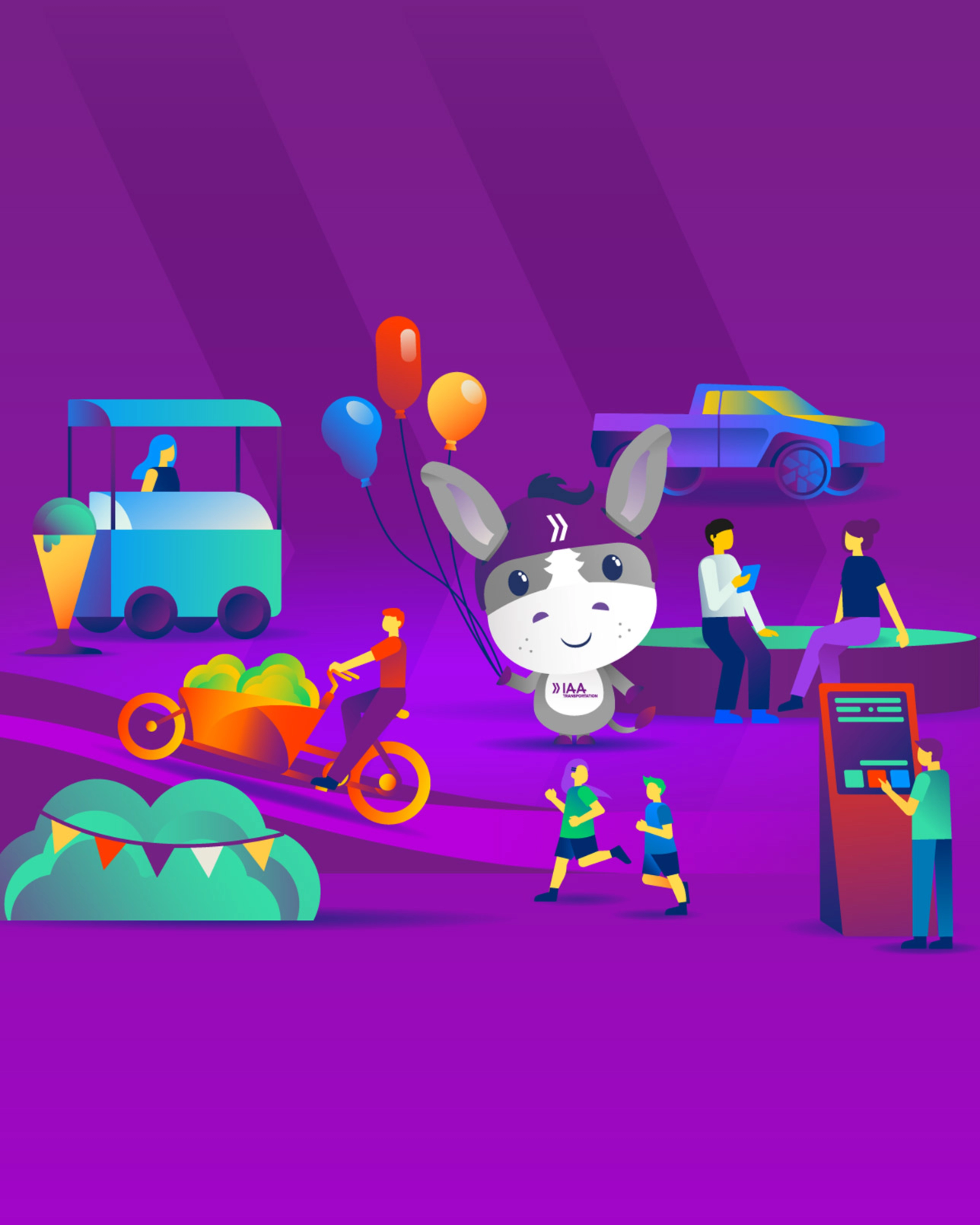 IAA-Maskottchen umgeben von Illustrationen zu Mobilität und Freizeitaktivitäten.