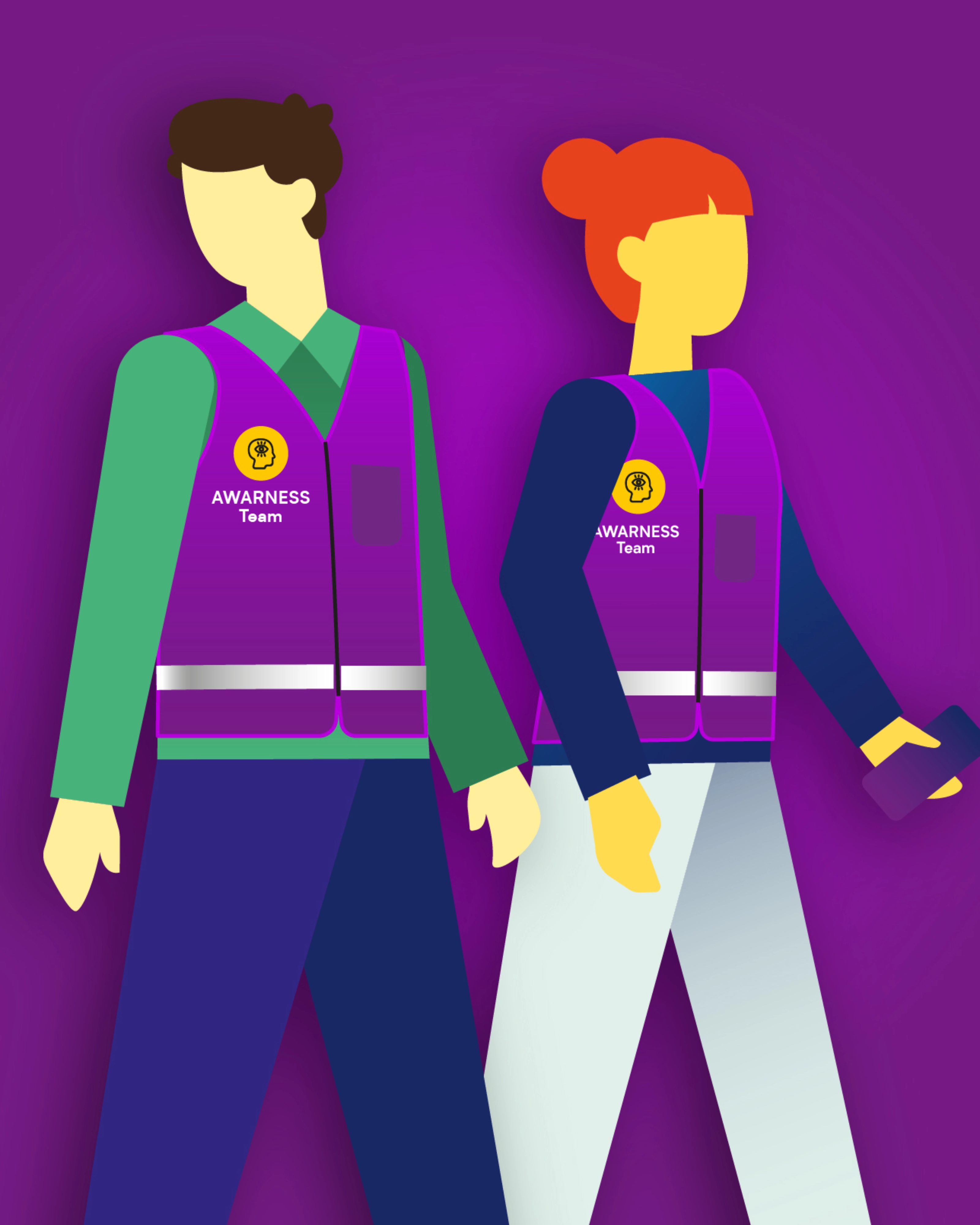 Illustration of two Awareness Team members wearing marked safety vests.