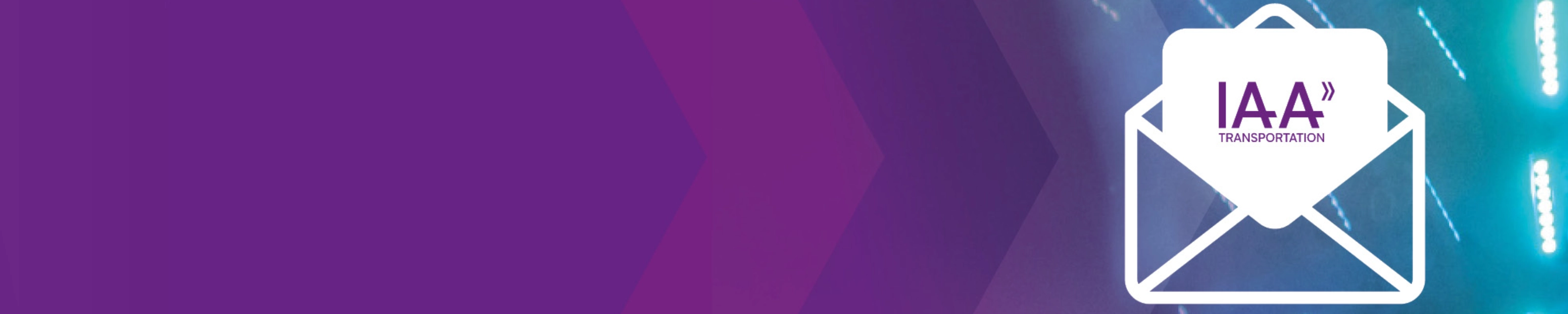 Briefumschlag-Symbol mit IAA Transportation Logo auf violettem Hintergrund.