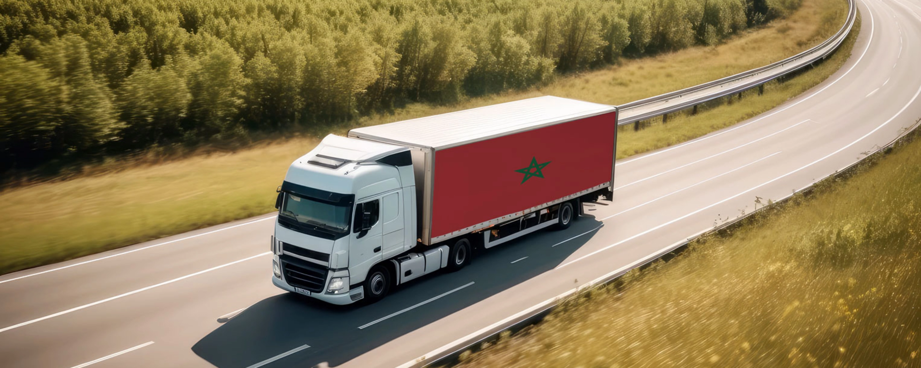 White truck with red trailer driving on a highway through open countryside.