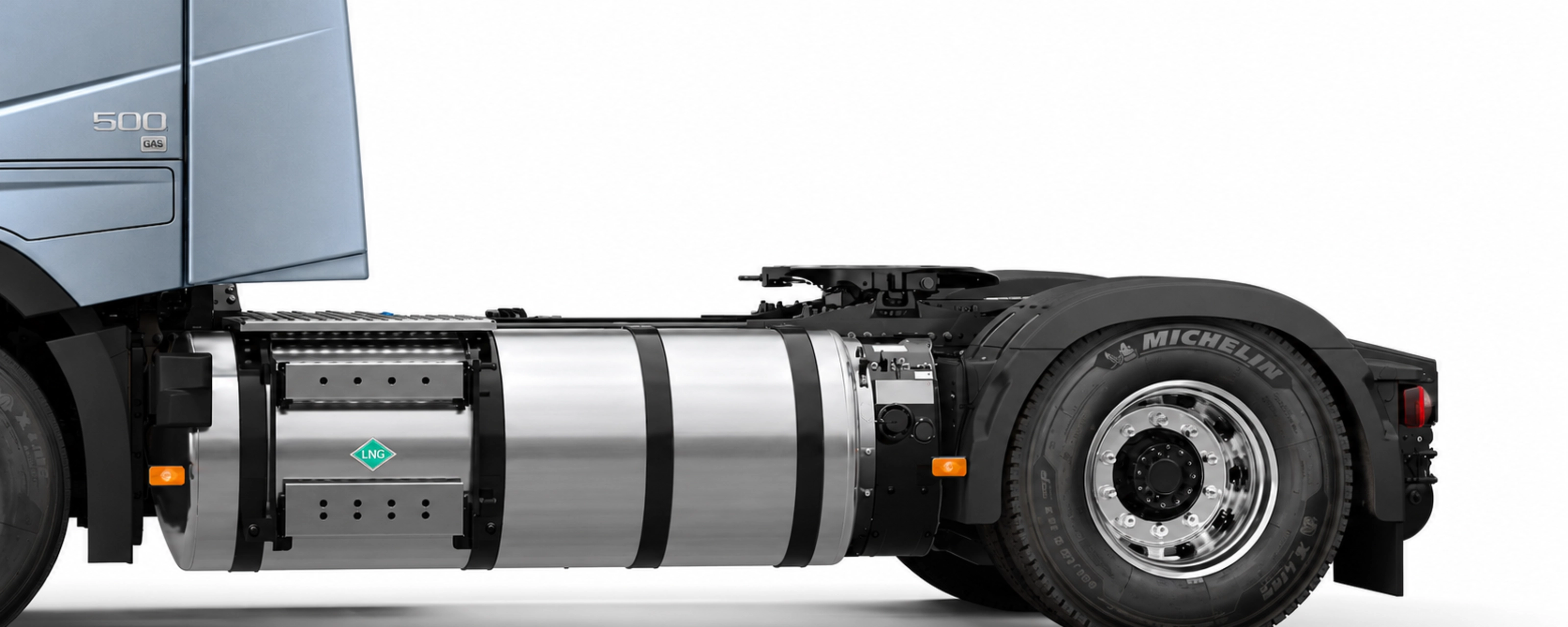 Side view of a truck chassis with a large LNG fuel tank.