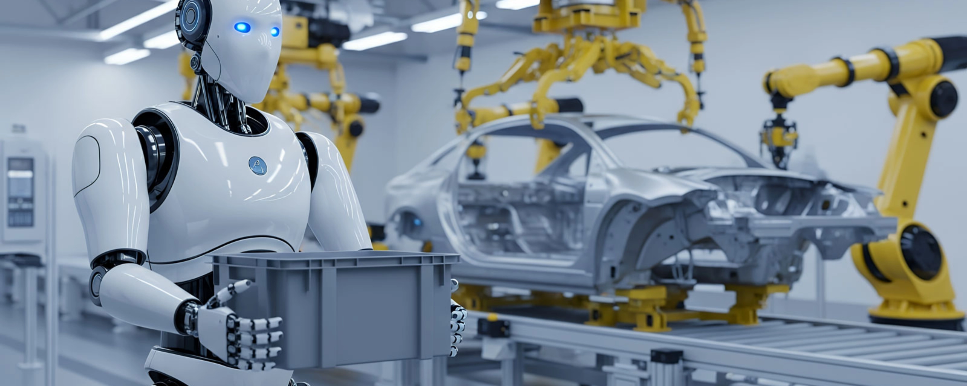 Humanoid robot works on a car body in an automated factory.