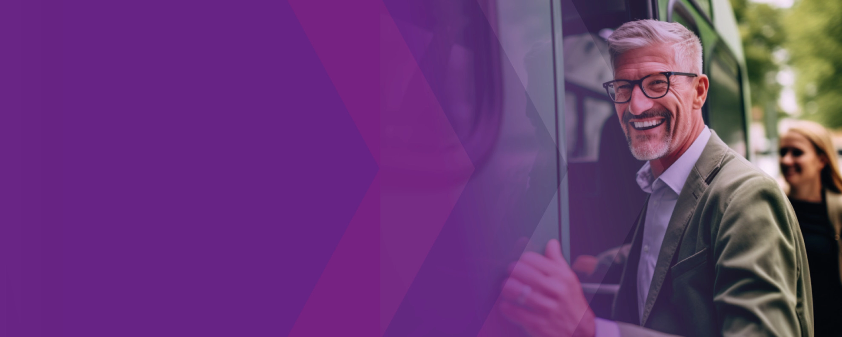 Smiling man boarding a bus, purple overlay on the left.