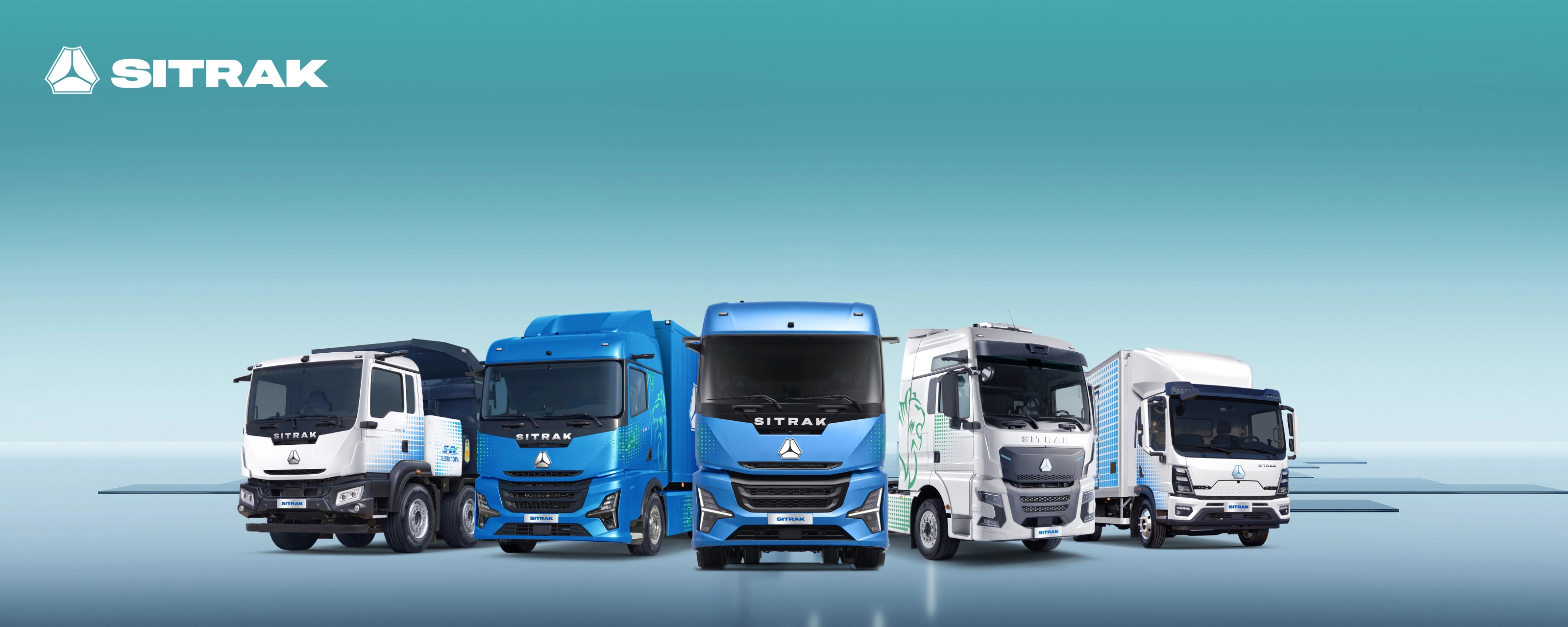 Five SITRAK trucks of different sizes displayed side by side.