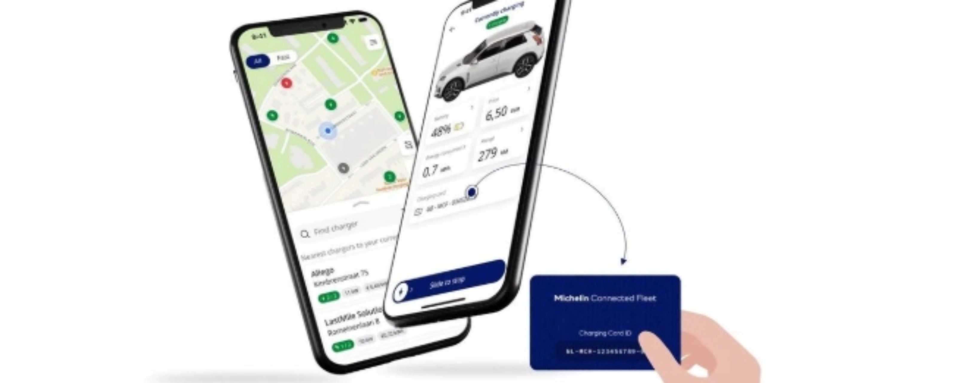 Two smartphones showing a map and vehicle details, with a hand holding a blue card.