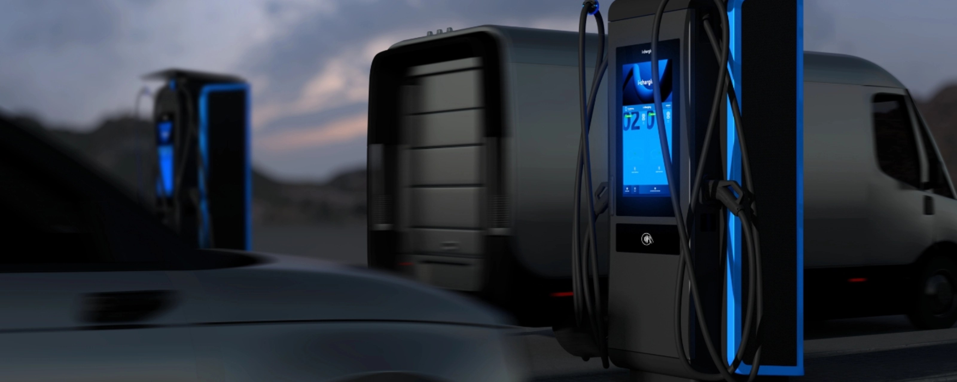 Electric vehicle charging station by roadside with passing vehicles.
