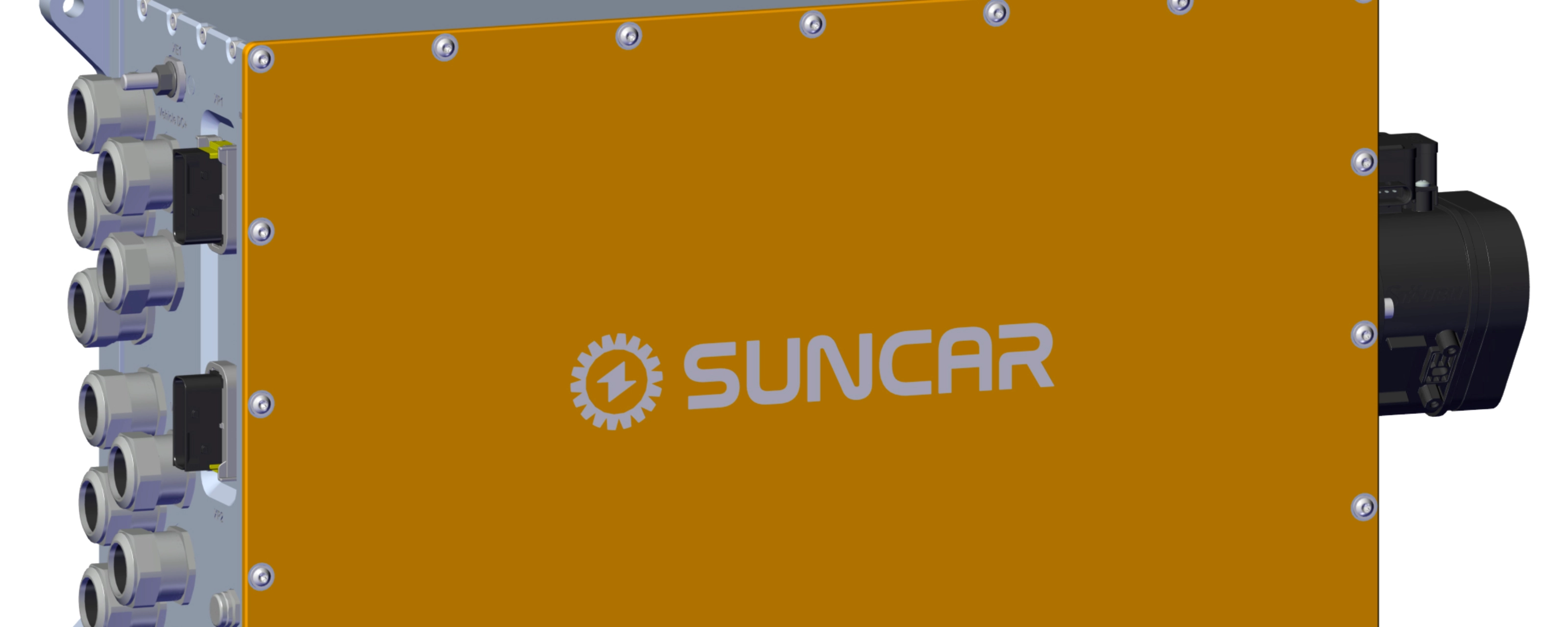 Ein SUNCAR-Steuergerät mit orangefarbener Abdeckung vor weißem Hintergrund.