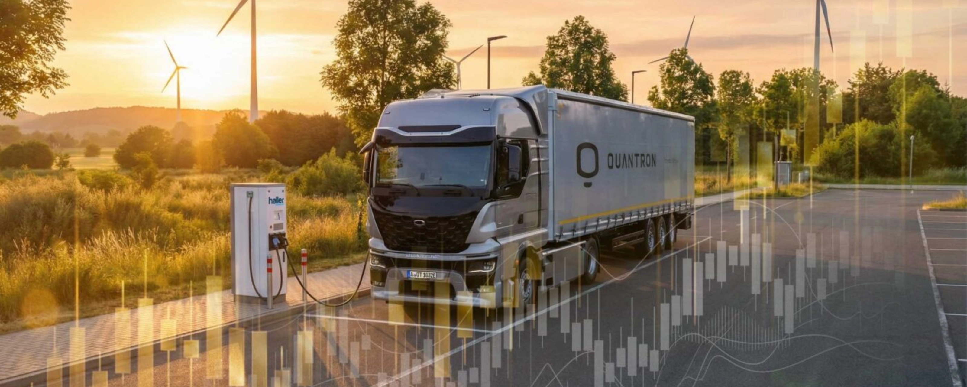 Quantron electric truck at a charging station with wind turbines and financial charts.