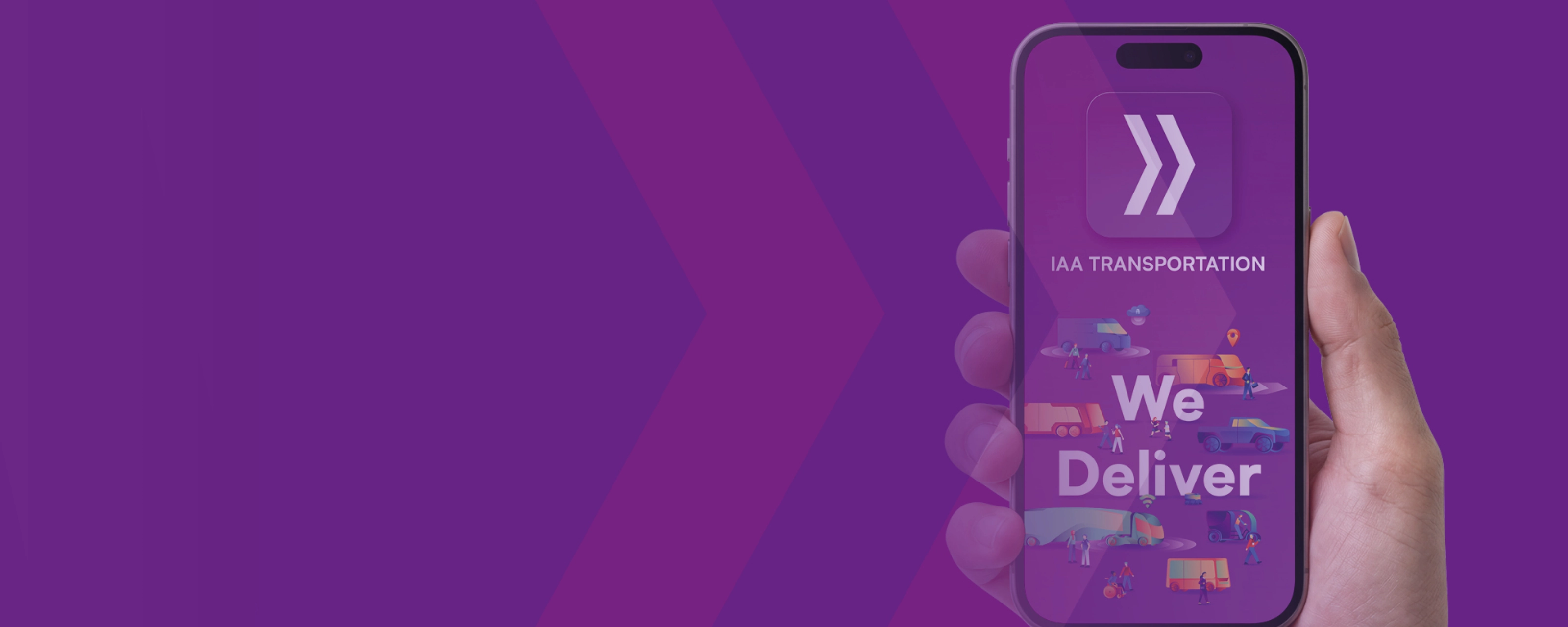 Eine Person hält ein Smartphone mit einer bunten App-Oberfläche und dem Text IAA.