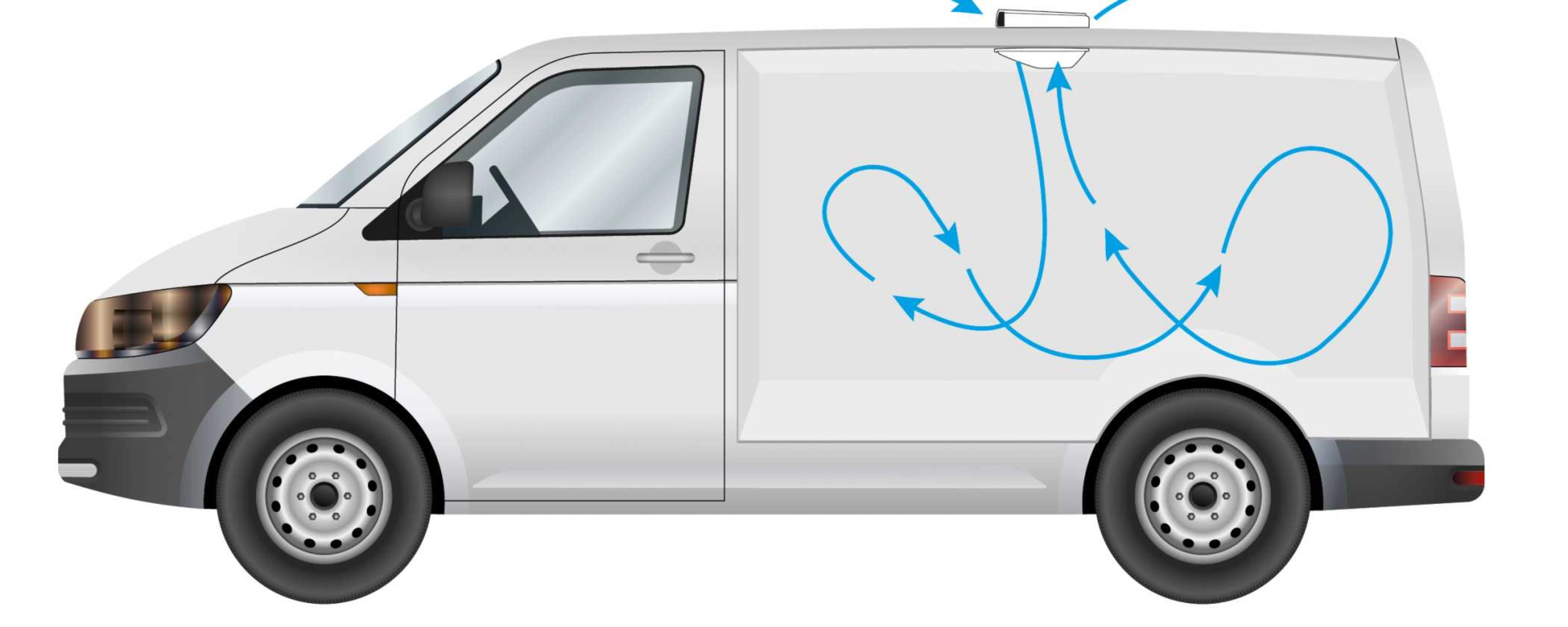 Side view of the front section of a white delivery van.