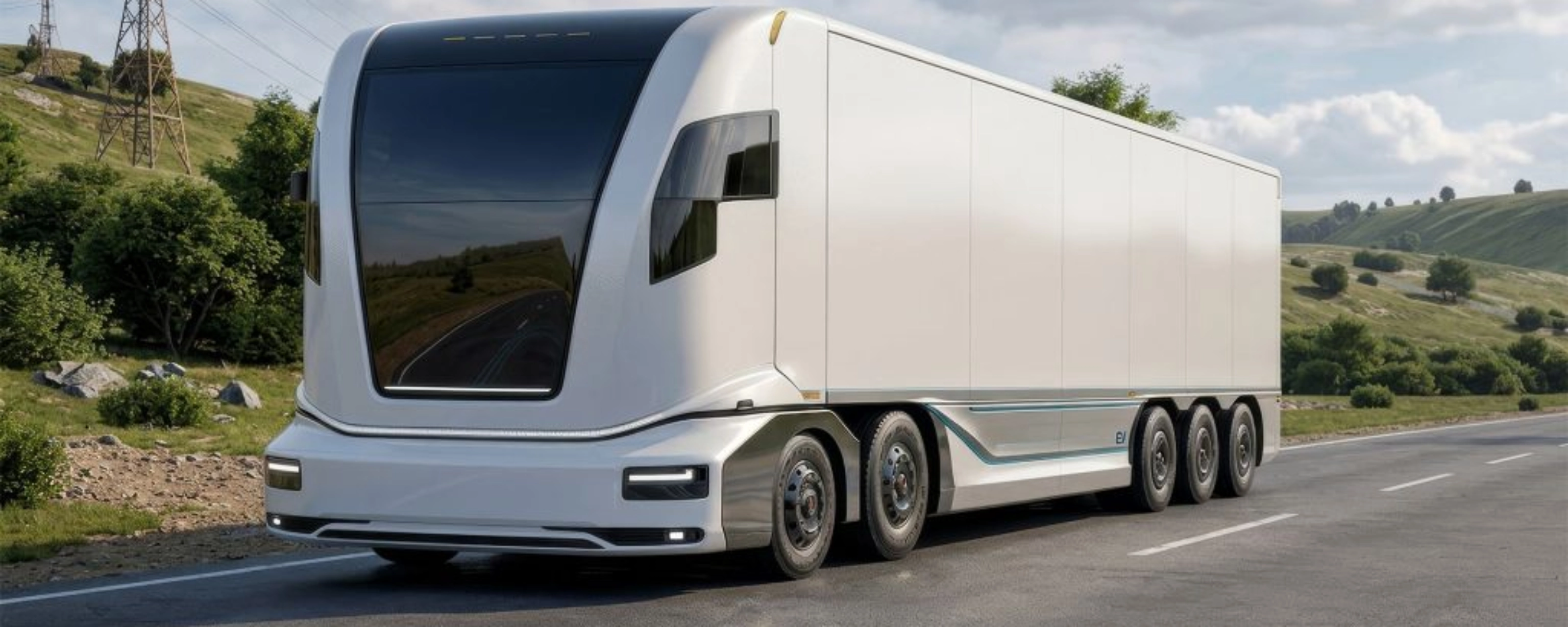 Futuristic electric semi-truck driving on a rural road.