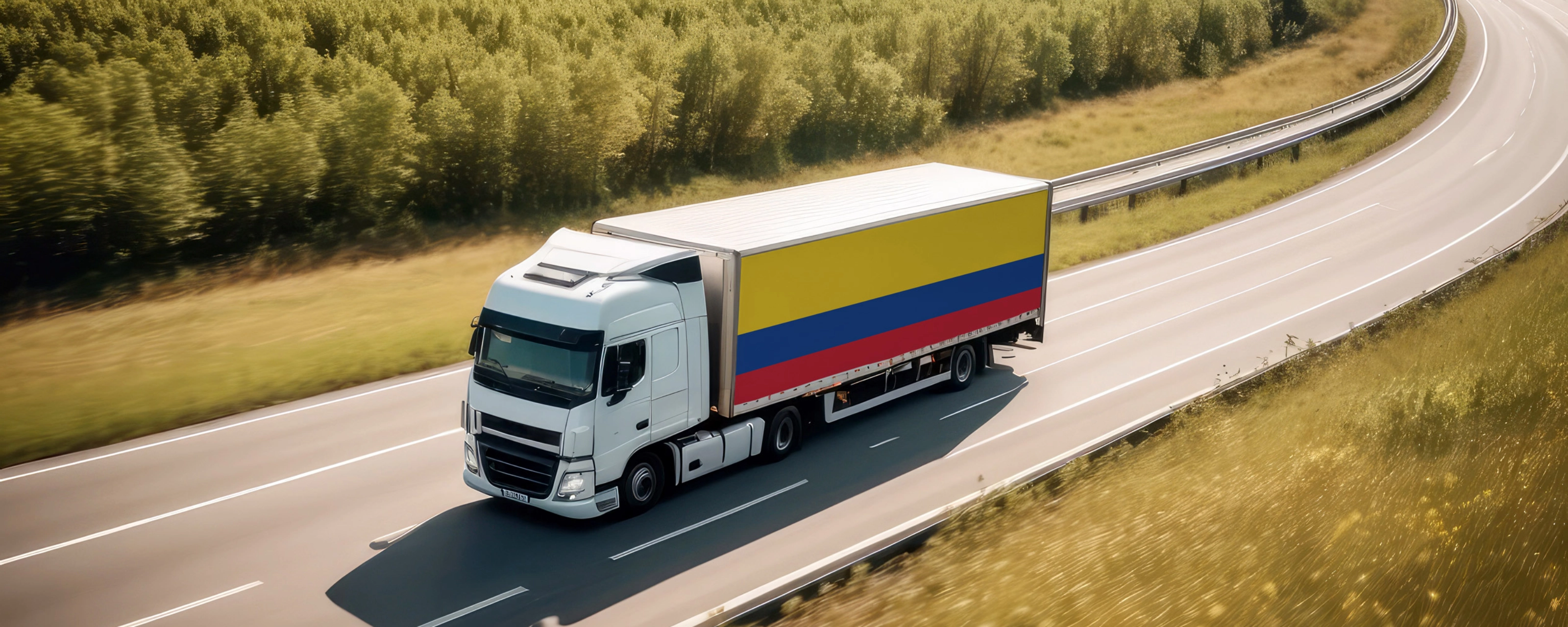 Lastwagen fährt auf einer Autobahn durch eine ländliche Landschaft.