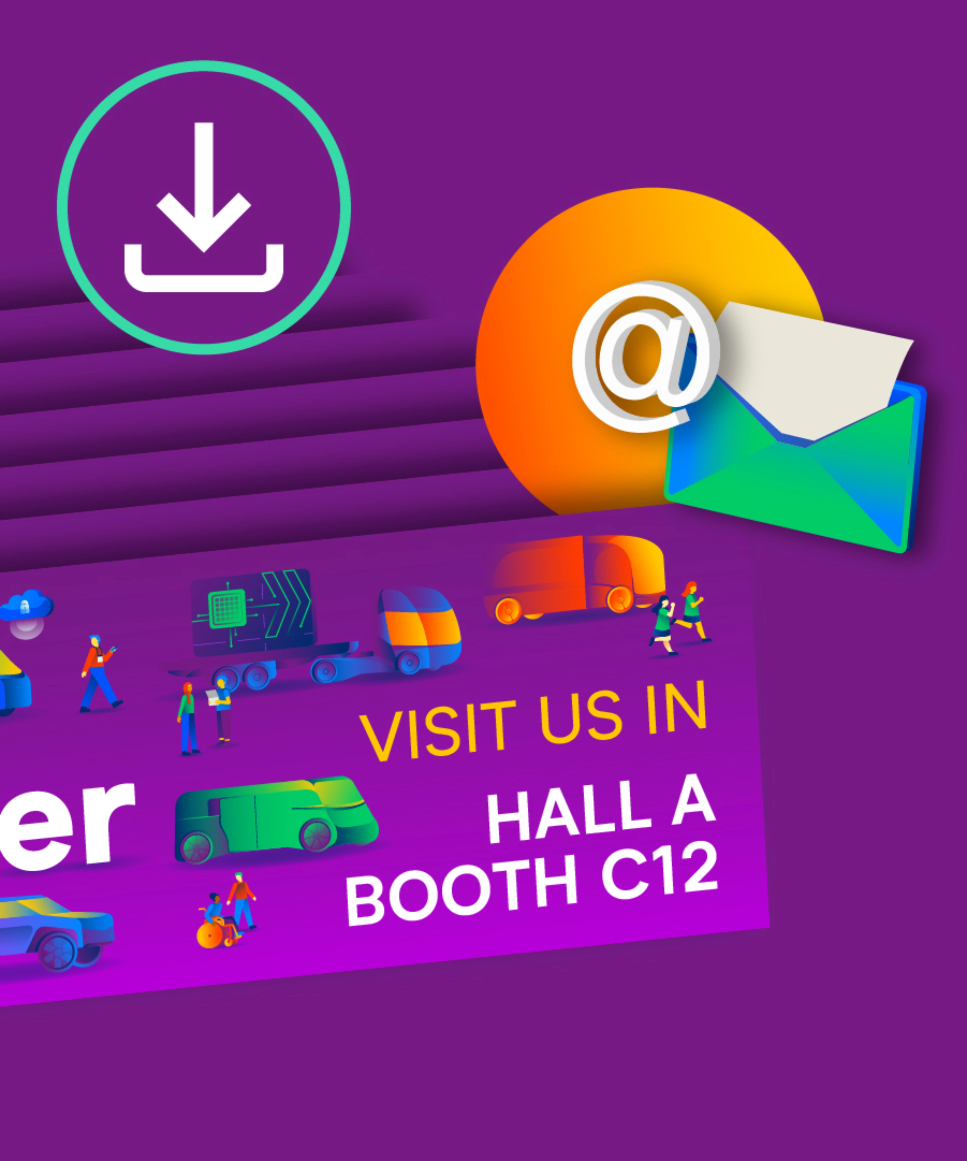 Trade fair banner with delivery vehicles and invitation to visit Hall A, Booth C12.