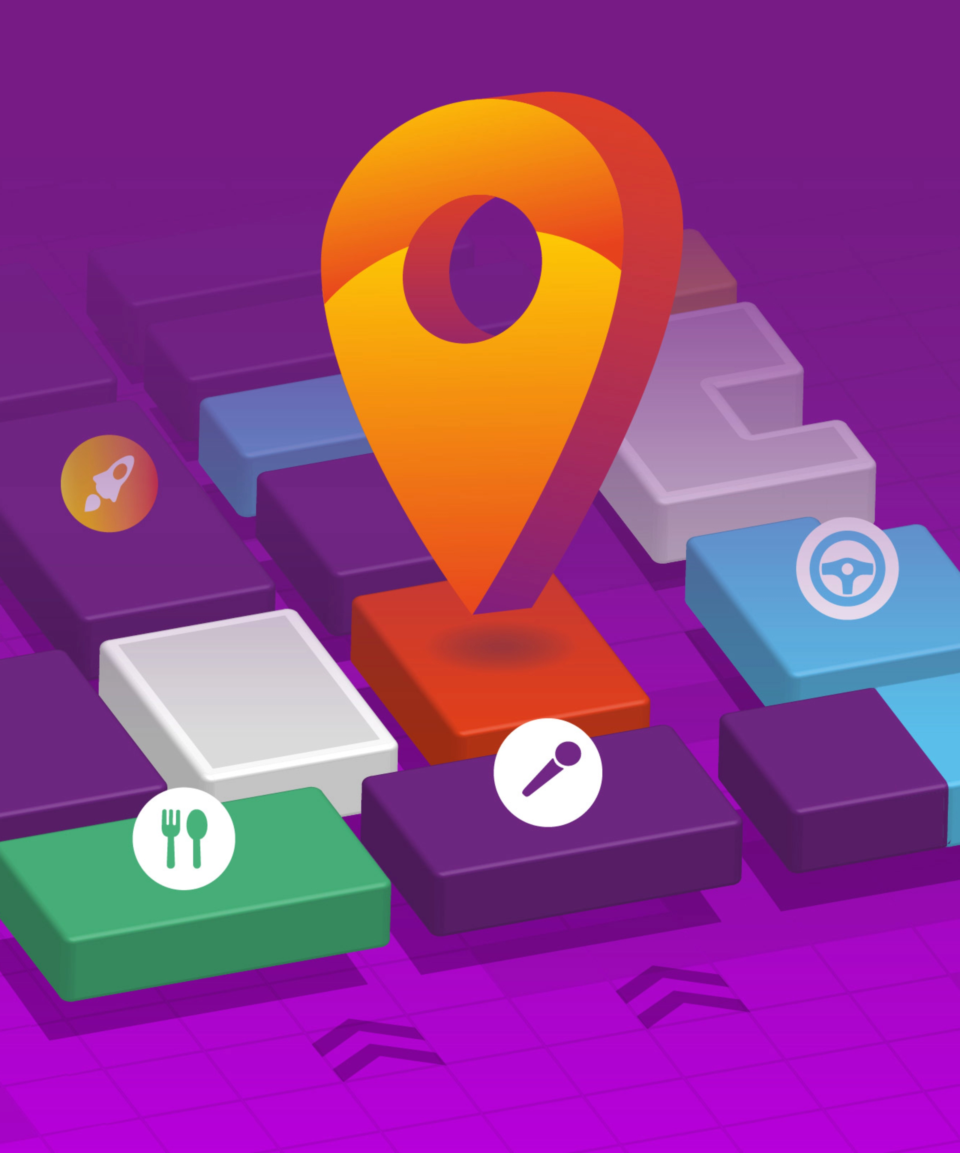 Standort-Pin auf stilisierter Karte mit Symbolen für Essen, Events und Mobilität.