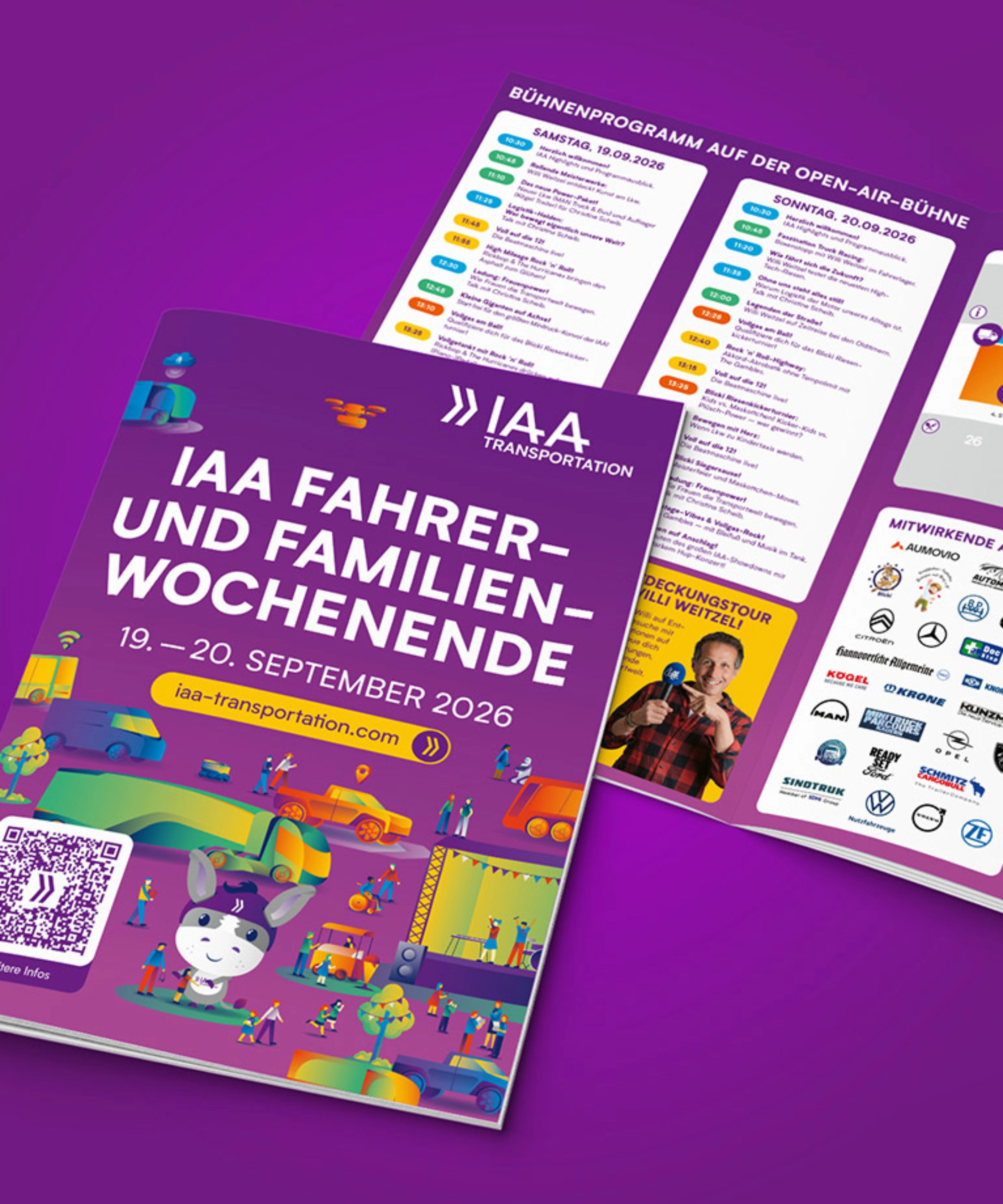 Flyer zum IAA Transportation Familienwochenende mit Terminen, Programm und Aktionen.