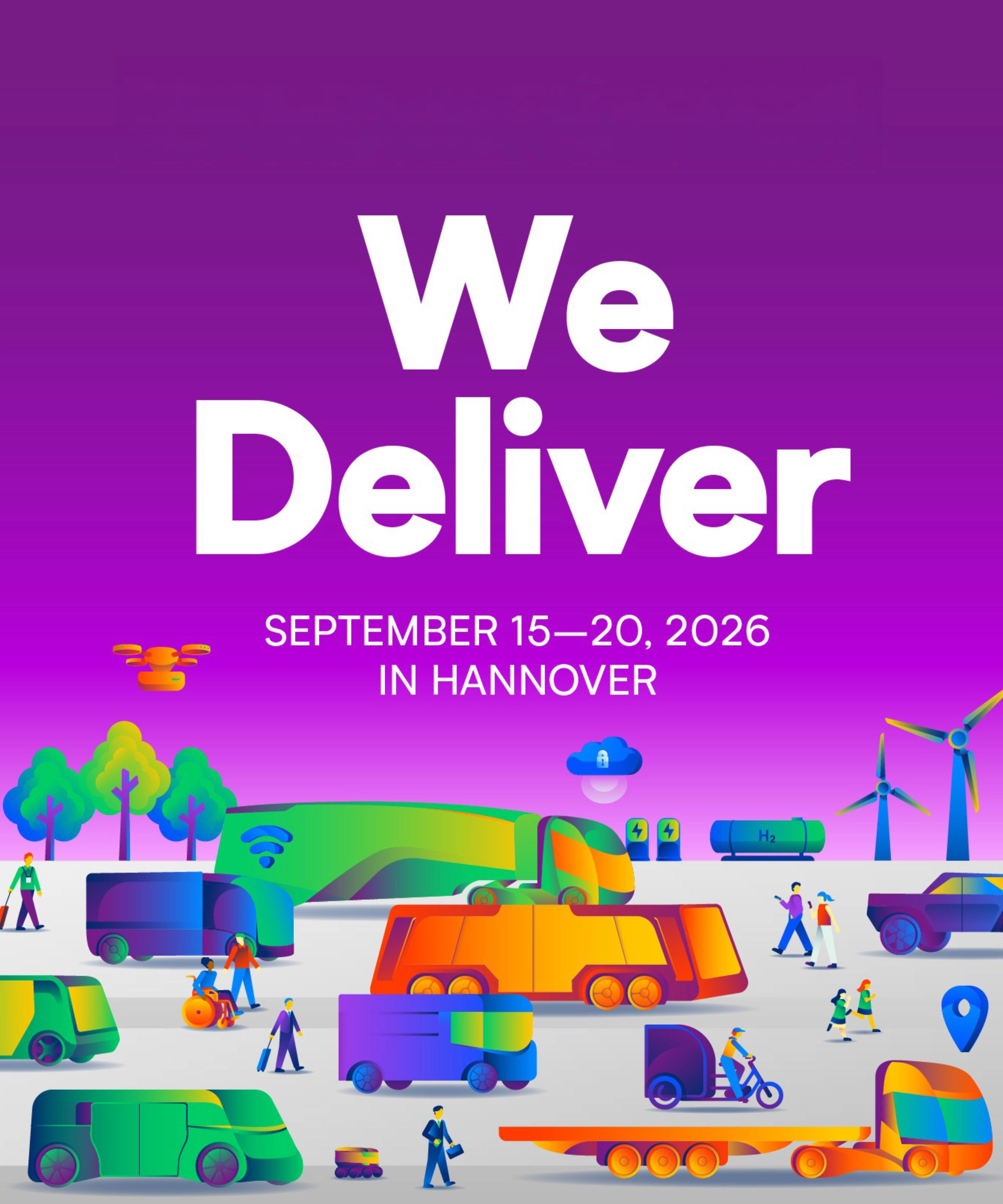 IAA TRANSPORTATION 2026 in Hannover mit Slogan We Deliver und Verkehrssymbolen.