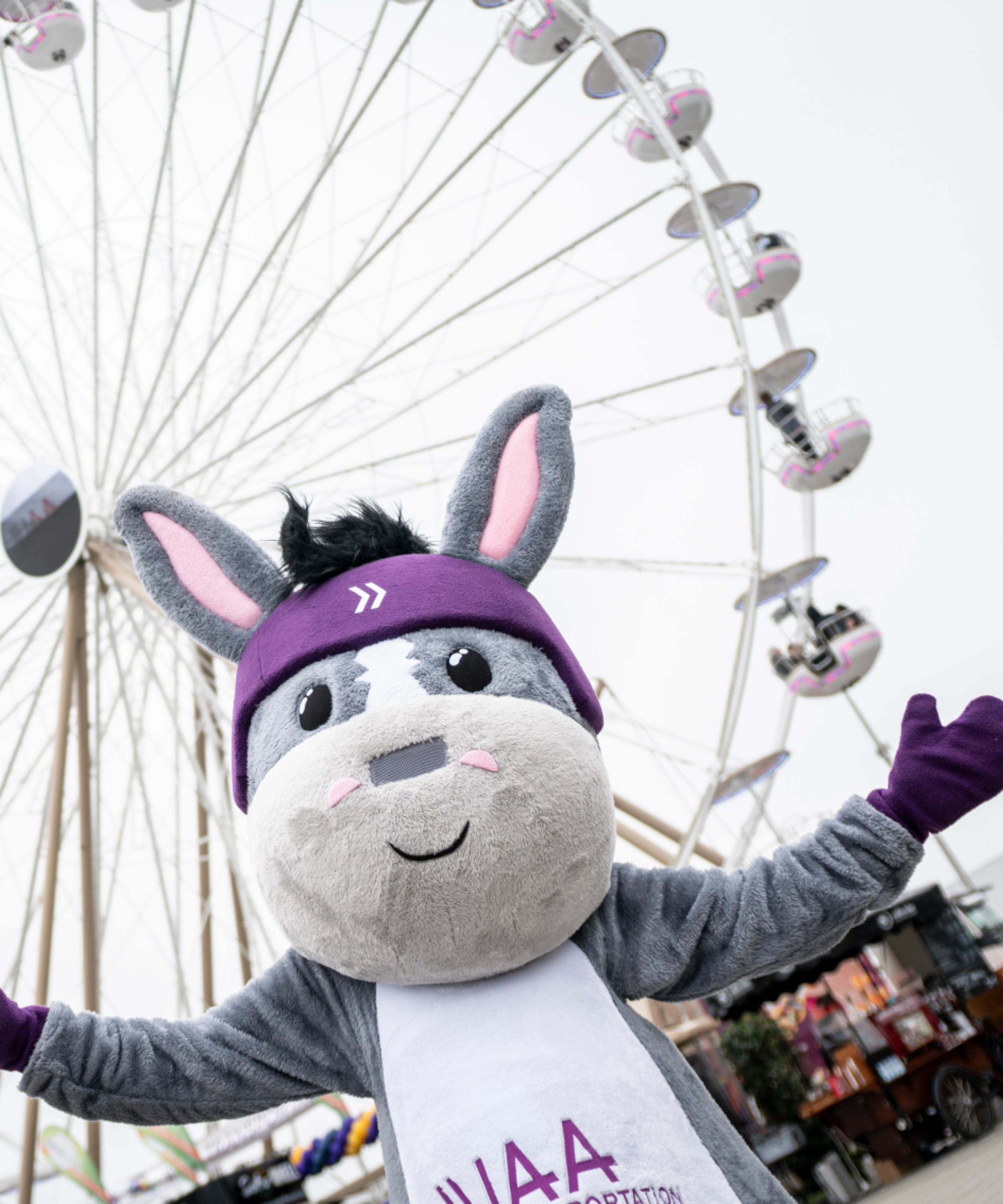 A donkey mascot poses in front of a large Ferris wheel at an outdoor event.