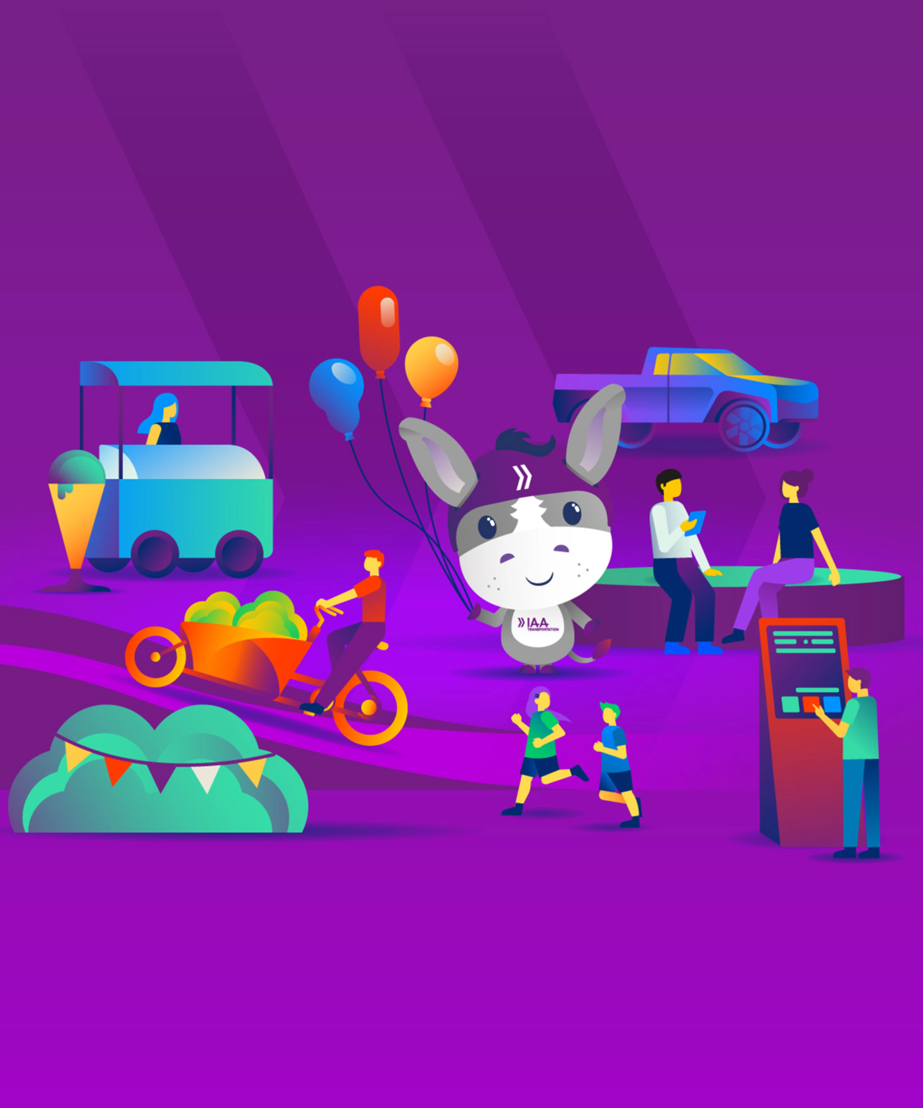 IAA-Maskottchen umgeben von Illustrationen zu Mobilität und Freizeitaktivitäten.