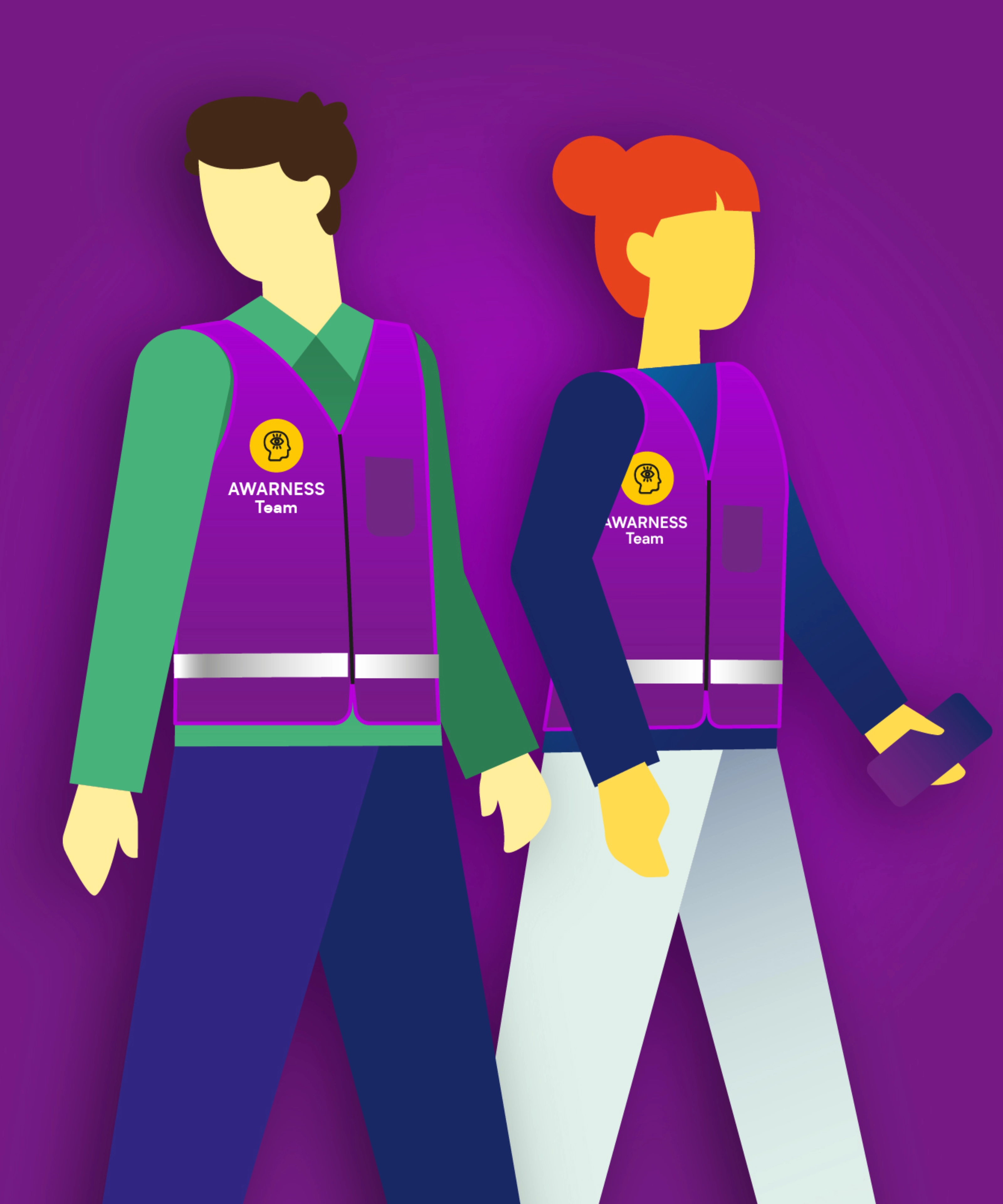 Illustration of two Awareness Team members wearing marked safety vests.