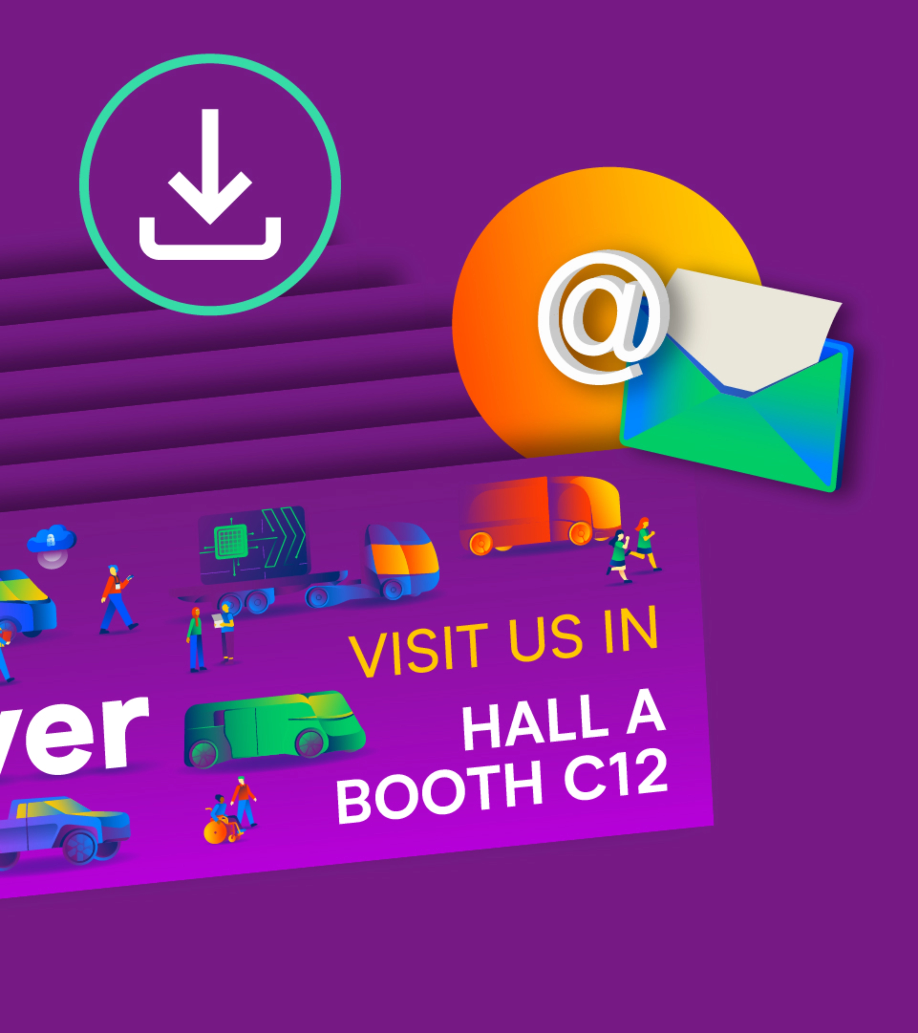 Trade fair banner with delivery vehicles and invitation to visit Hall A, Booth C12.