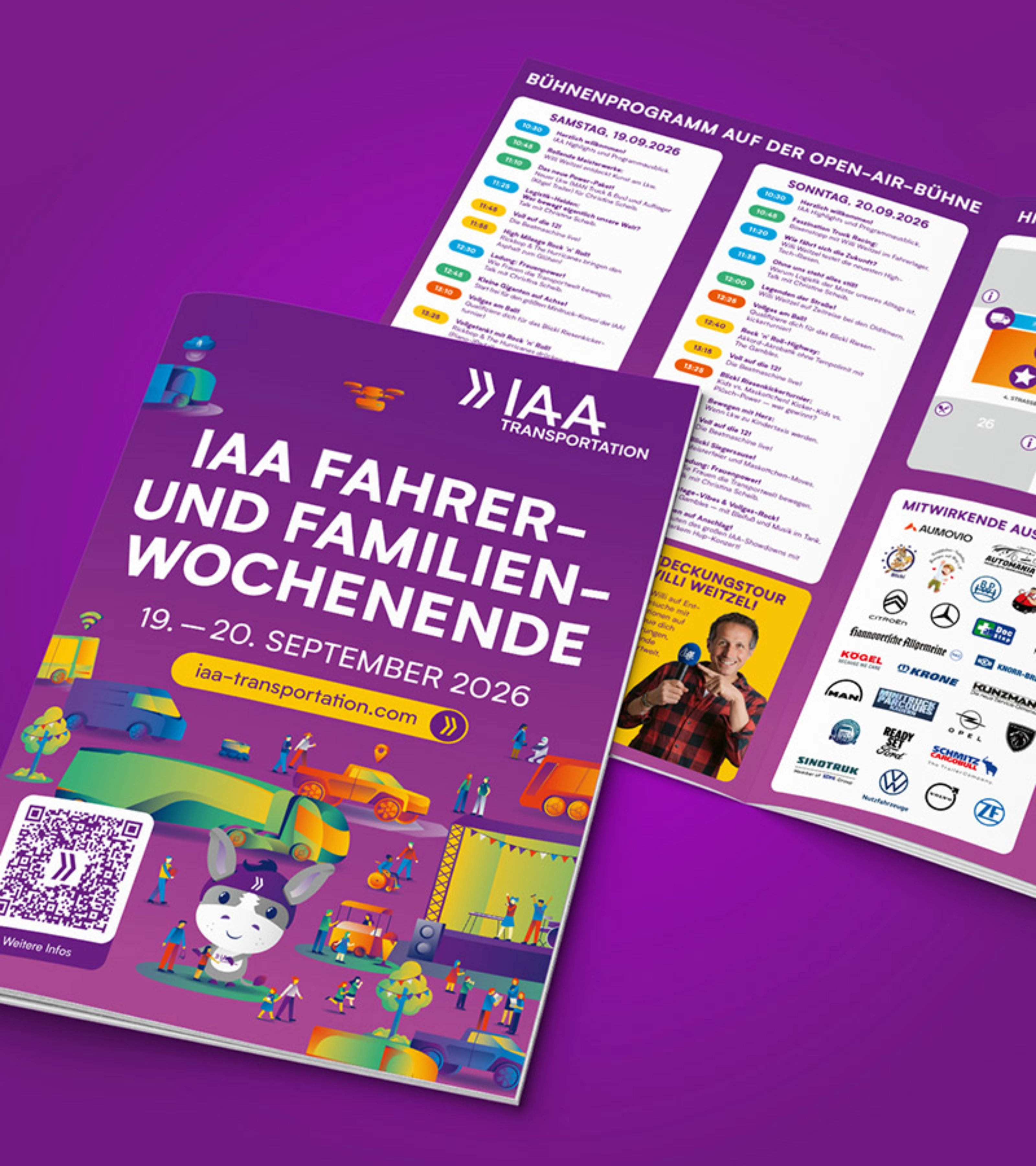 Flyer zum IAA Transportation Familienwochenende mit Terminen, Programm und Aktionen.