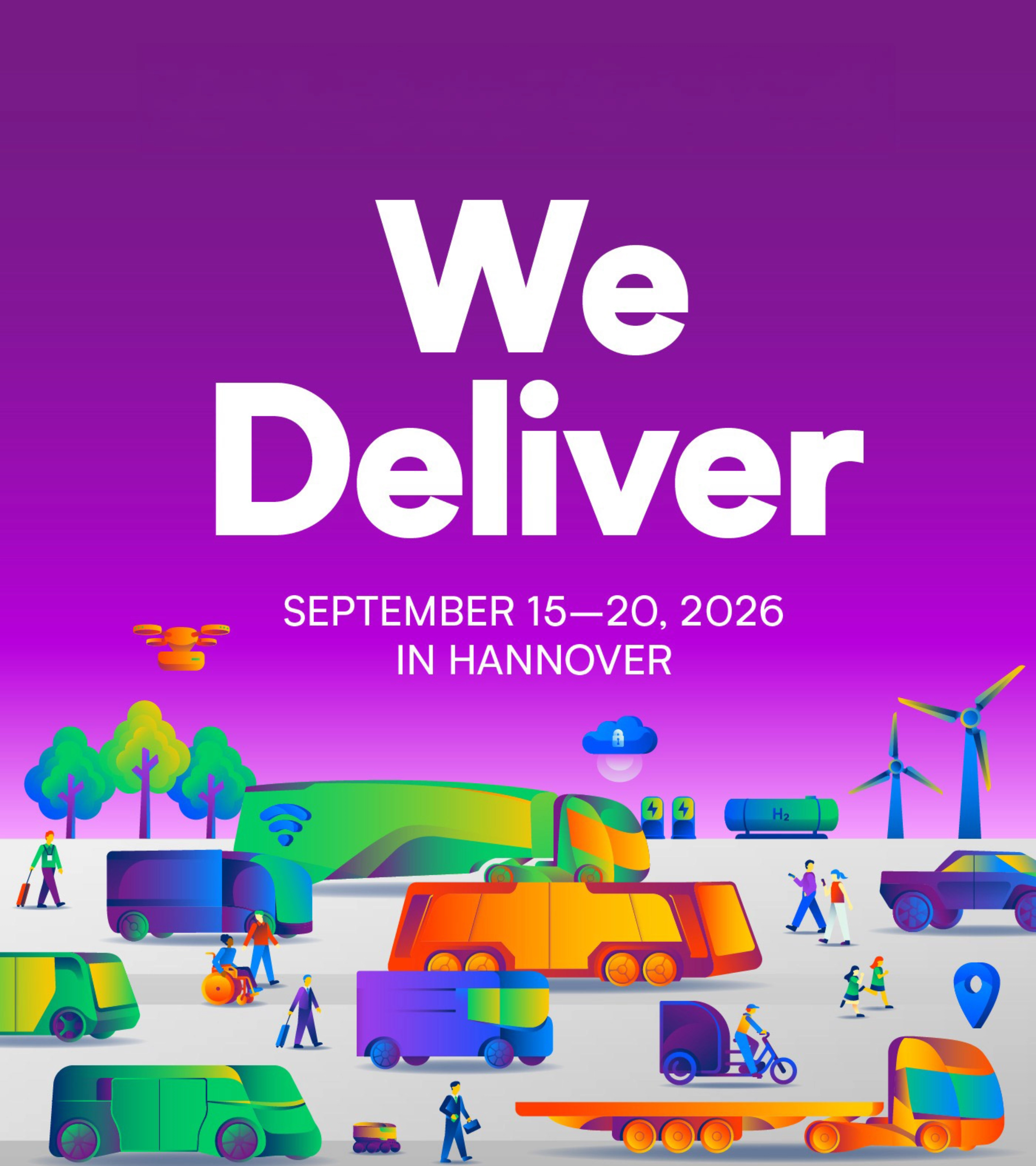 IAA TRANSPORTATION 2026 in Hannover mit Slogan We Deliver und Verkehrssymbolen.