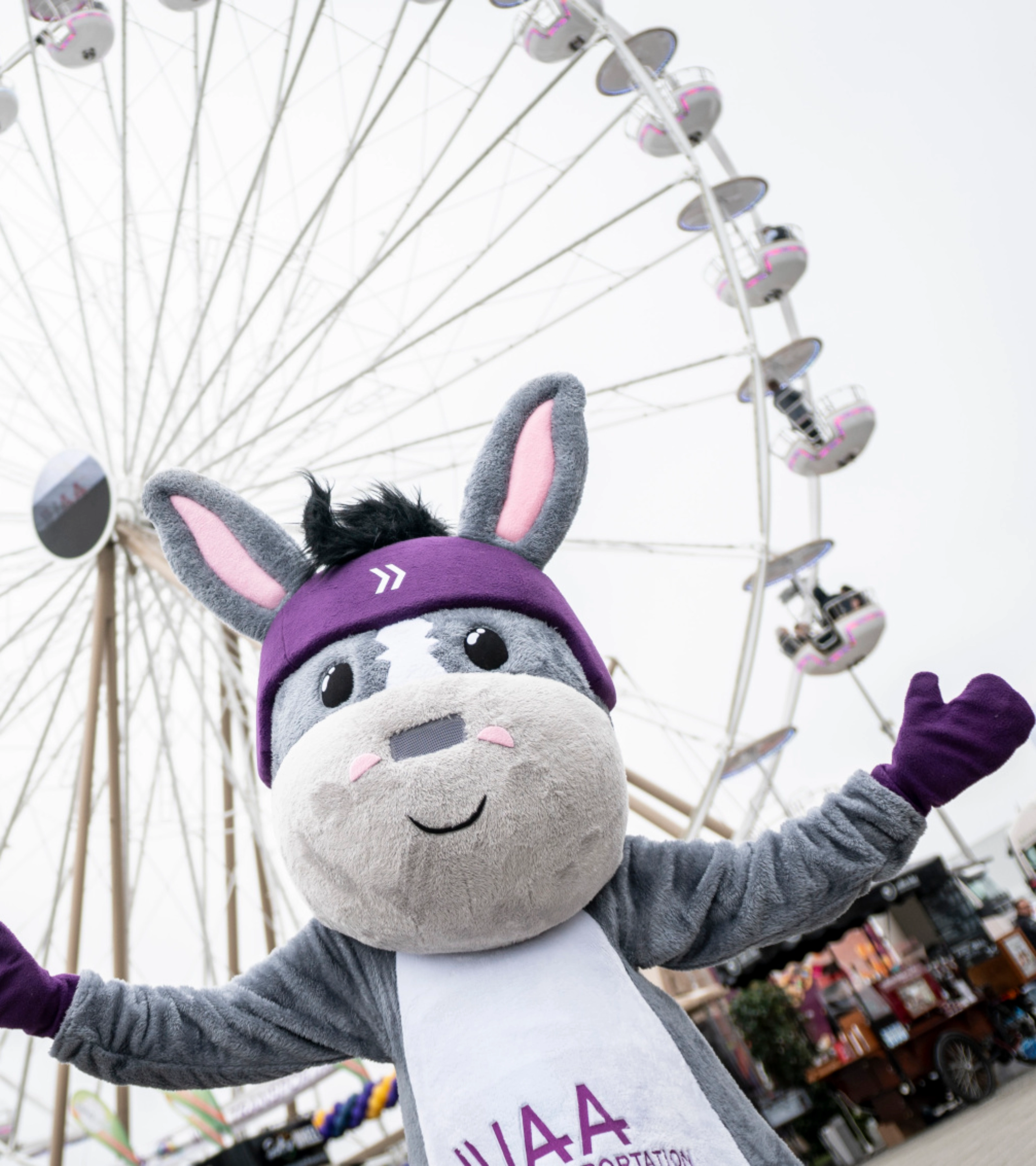 A donkey mascot poses in front of a large Ferris wheel at an outdoor event.