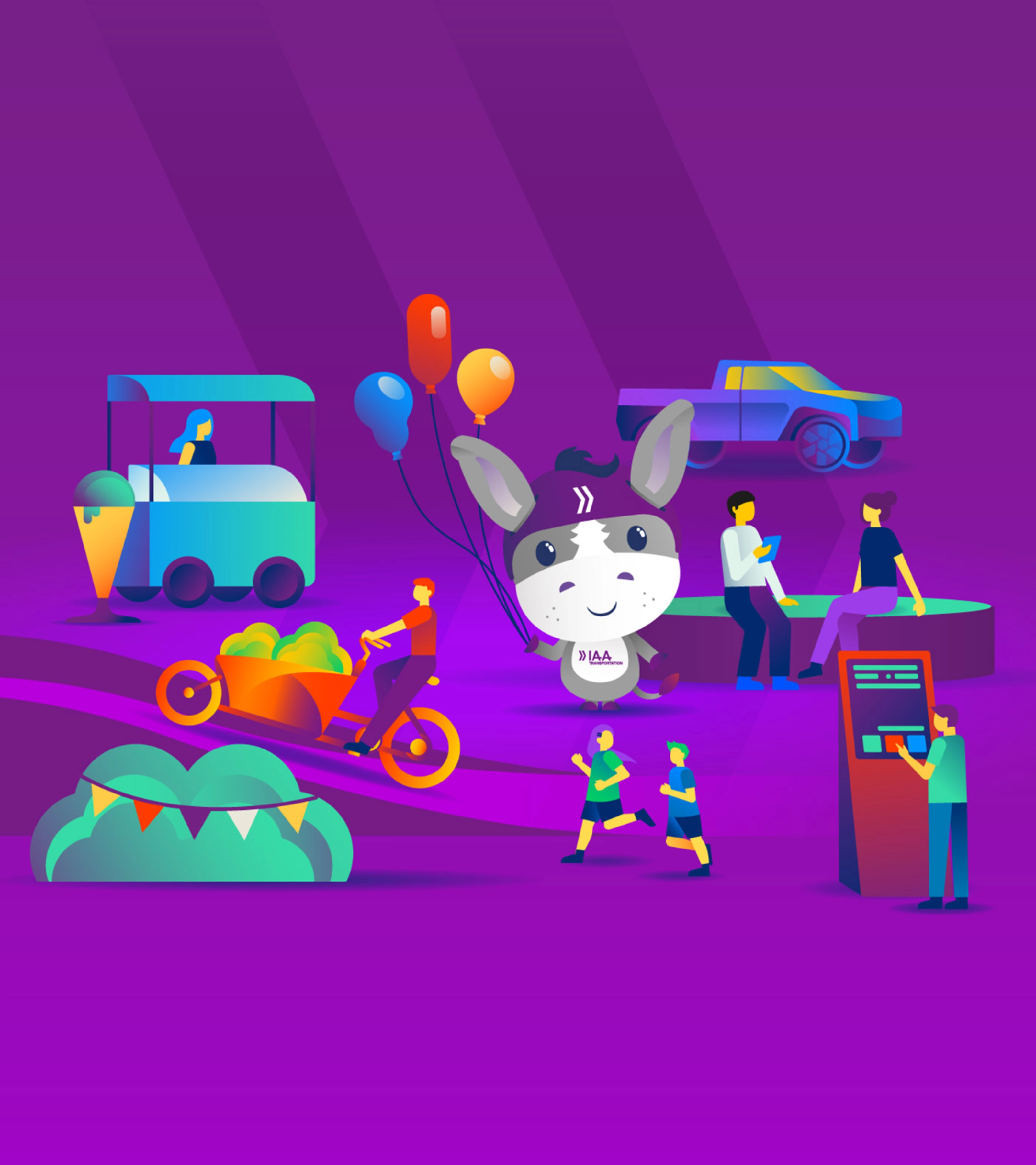 IAA-Maskottchen umgeben von Illustrationen zu Mobilität und Freizeitaktivitäten.