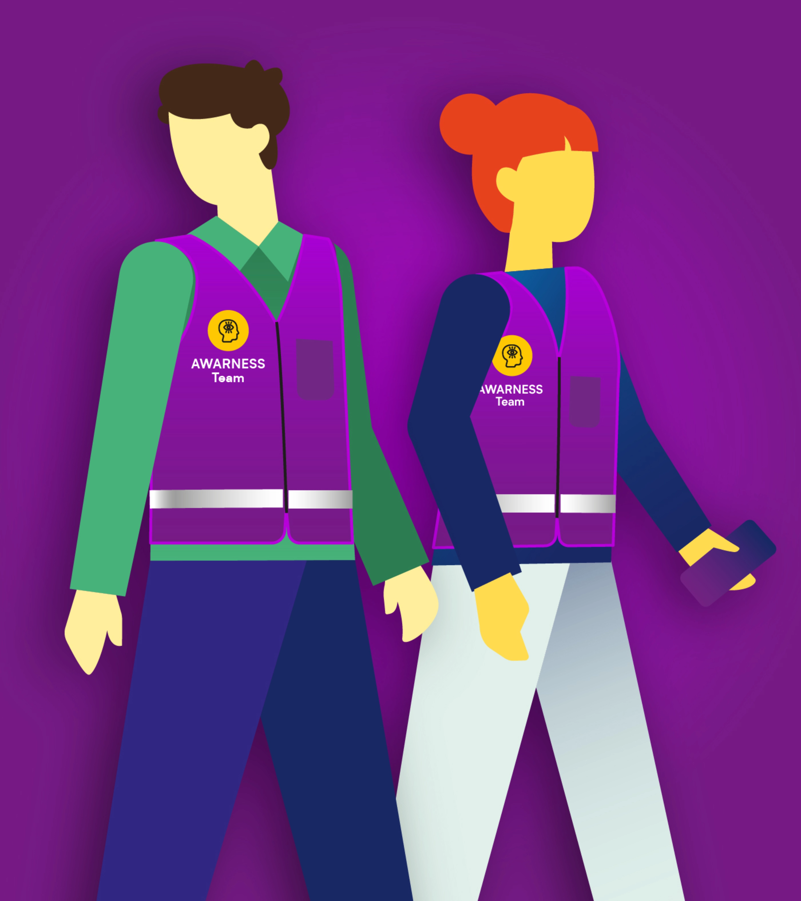 Illustration of two Awareness Team members wearing marked safety vests.