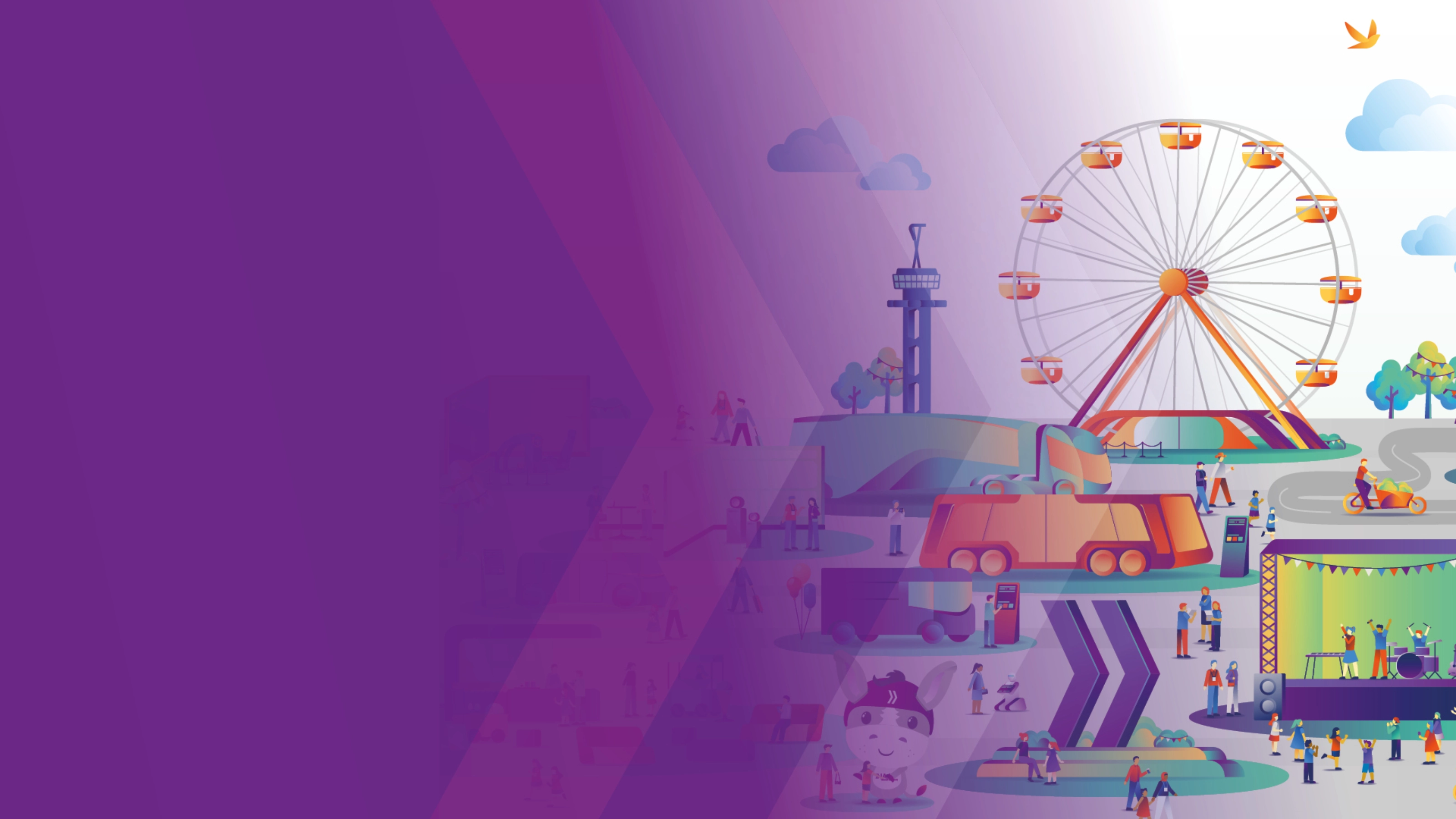 Illustration of a fairground with Ferris wheel and transport vehicles.