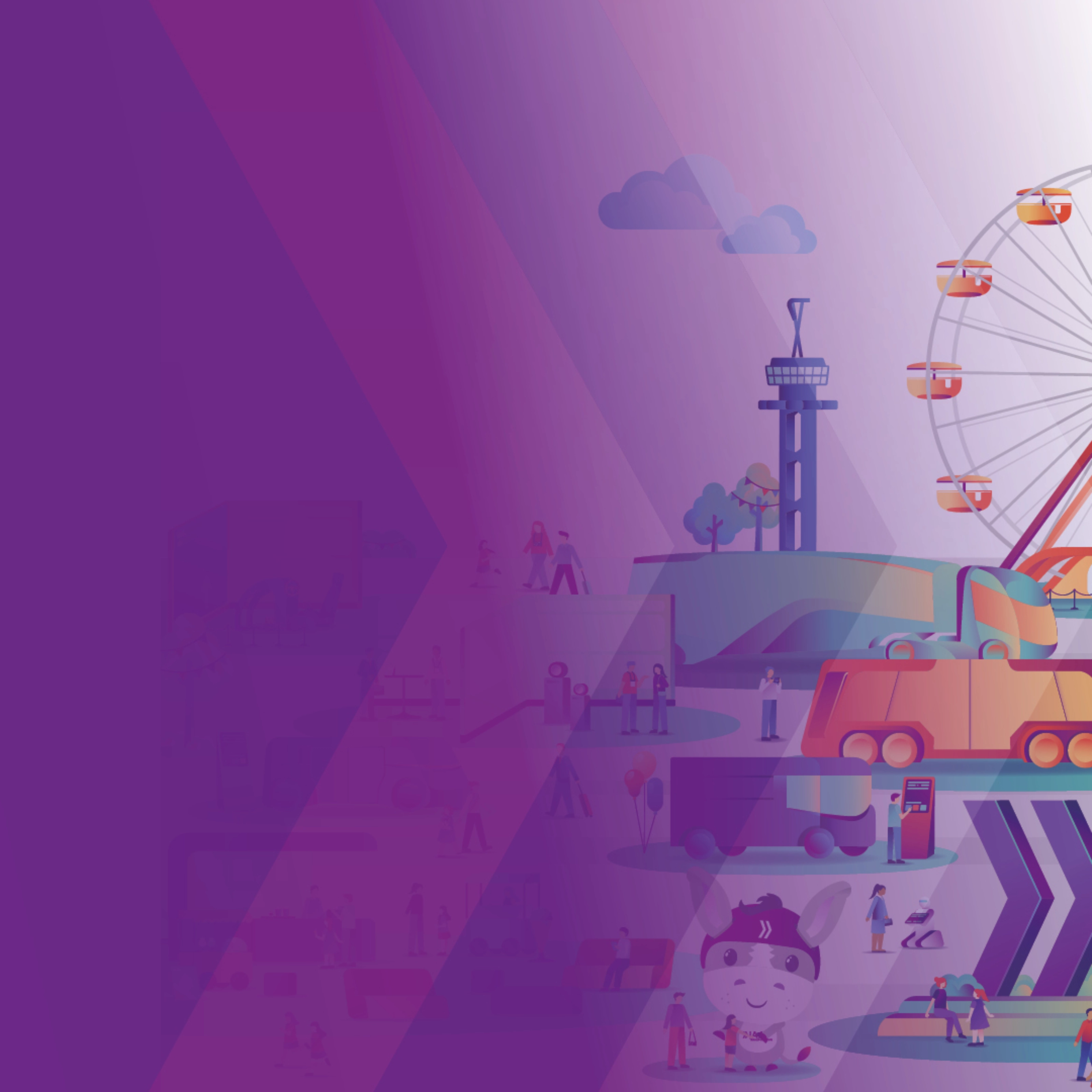 Illustration of a fairground with Ferris wheel and transport vehicles.