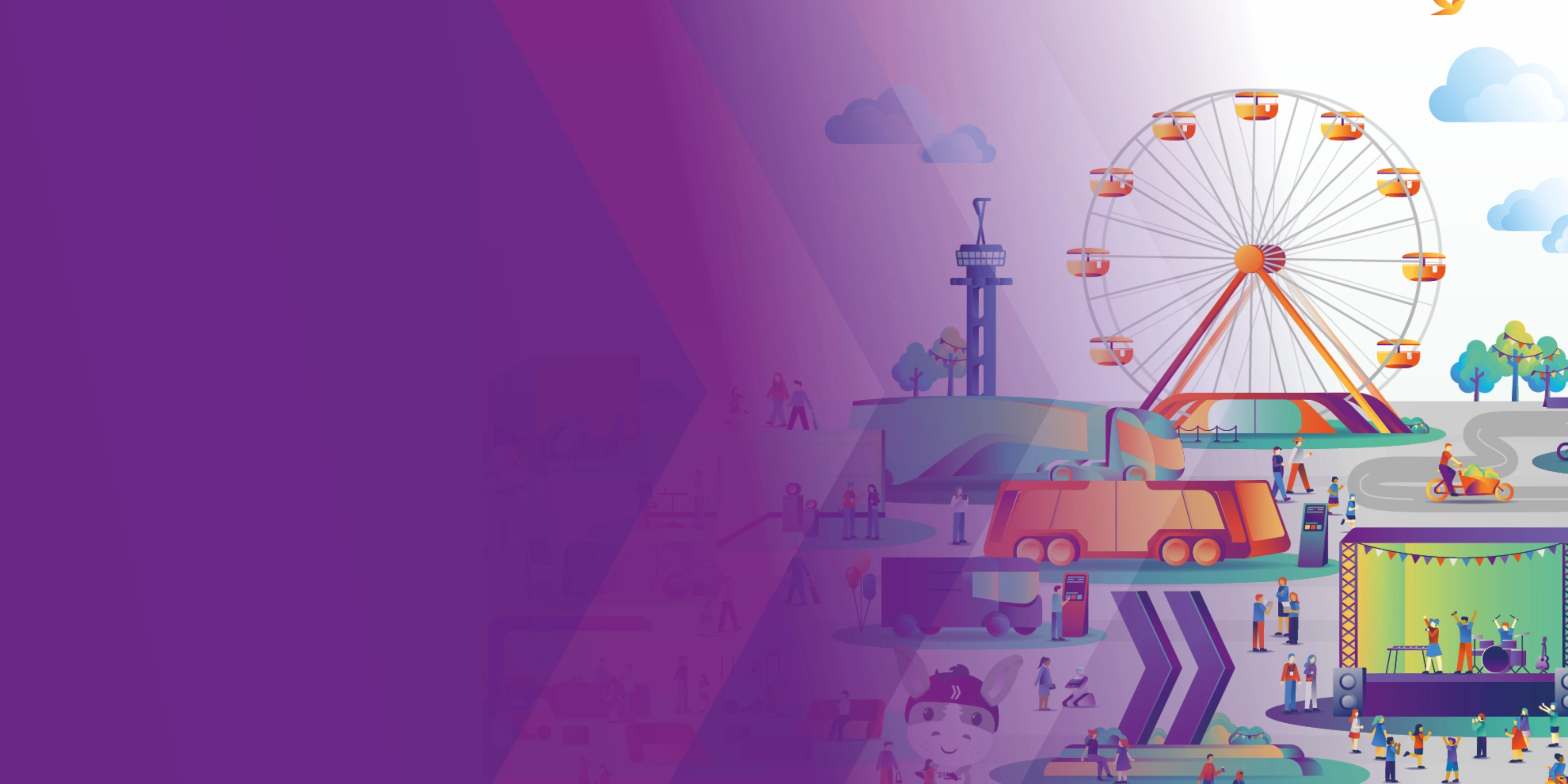 Illustration of a fairground with Ferris wheel and transport vehicles.