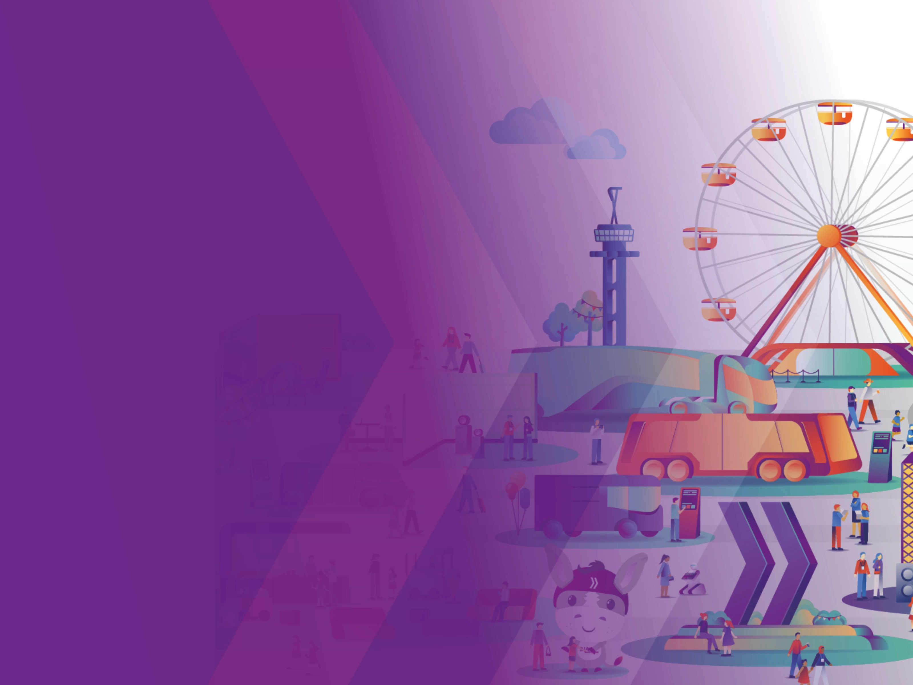 Illustration of a fairground with Ferris wheel and transport vehicles.