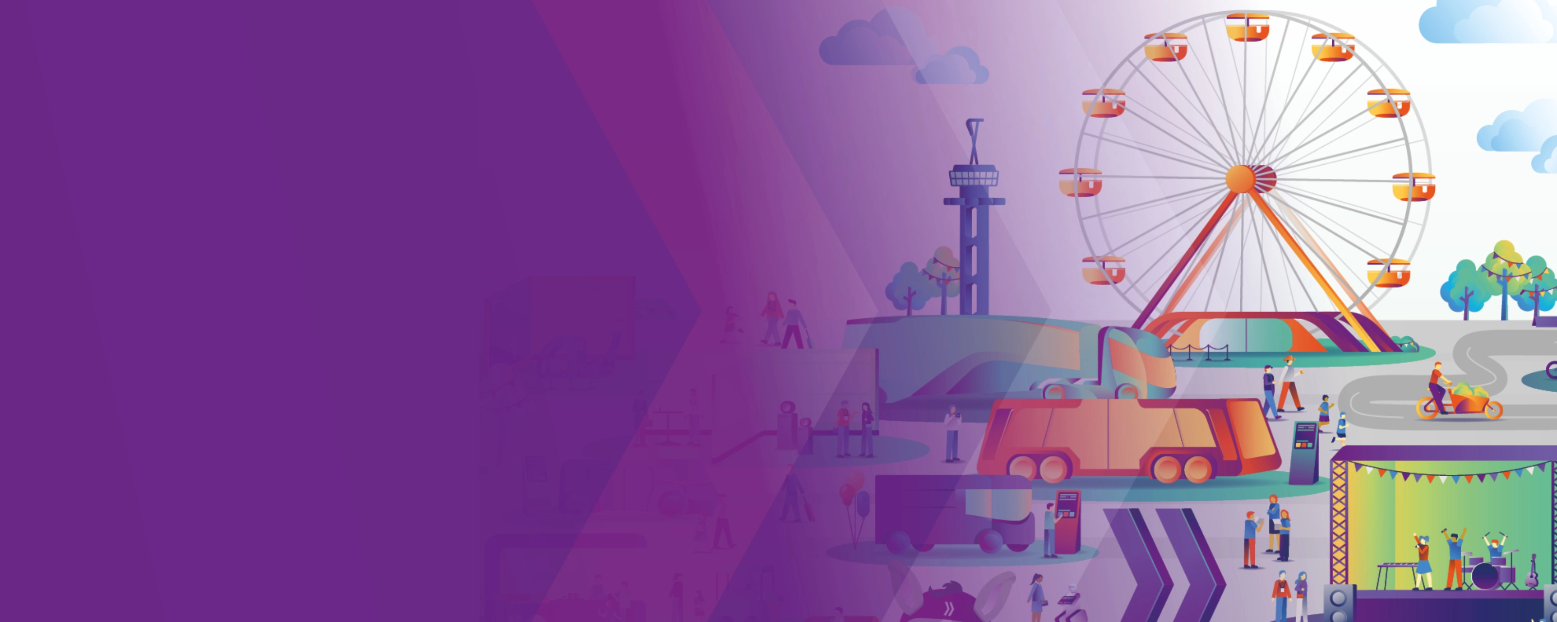 Illustration of a fairground with Ferris wheel and transport vehicles.