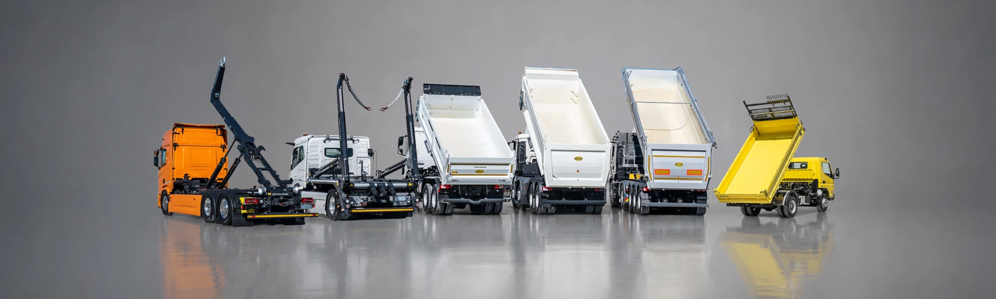 Meiller lineup of truck bodies and tipping systems on a white background.